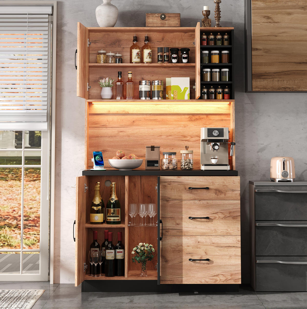 BUFFETSCHRANK 105/40/180 cm mit LED-Beleuchtung, verstellbaren Einlegeböden und Steckdosen, Neutral - Naturfarben, Holzwerkstoff (105/180/40cm) - Redom