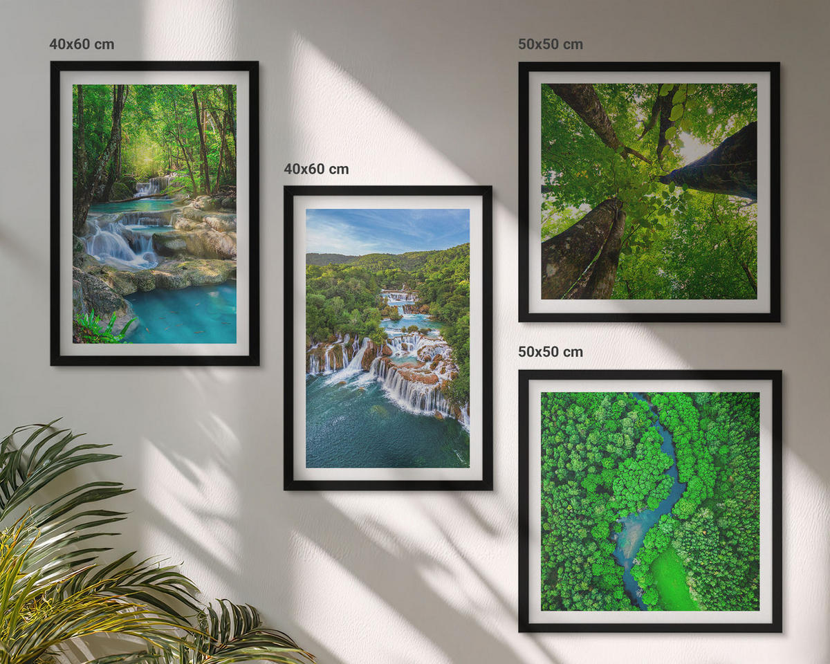 BILDER SET 4er Set - 50x50 cm & 40x60 cm Schwarzer Rahmen - Wasserfälle grüner Wald Wasser - Schwarz, Kunststoff (50/50cm) - TULUP