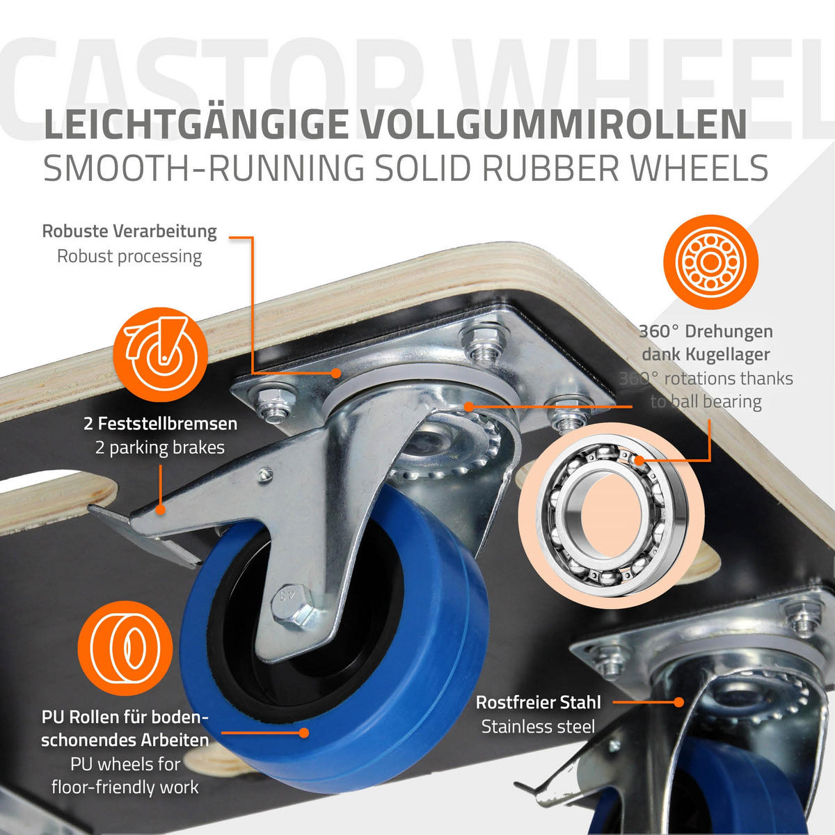 TRANSPORTROLLER 2er Set mit 4 Rollen 2 mit Bremsen 35x50 cm Traglast 800kg Siebdruck Holzplatte Black - Dunkelgrau, Holzwerkstoff (35/50/14.5cm) - ECD-Germany