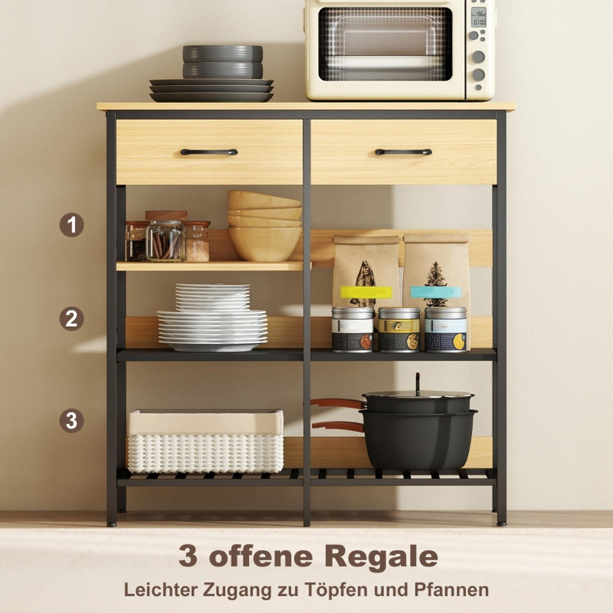 SIDEBOARD aus Holzwerkstoff 90x40x91 cm Naturfarben mit 2 Schubladen und 3 offenen Fächern im Industrial-Stil - Naturfarben, Holzwerkstoff (90/91/40cm) - Modfu