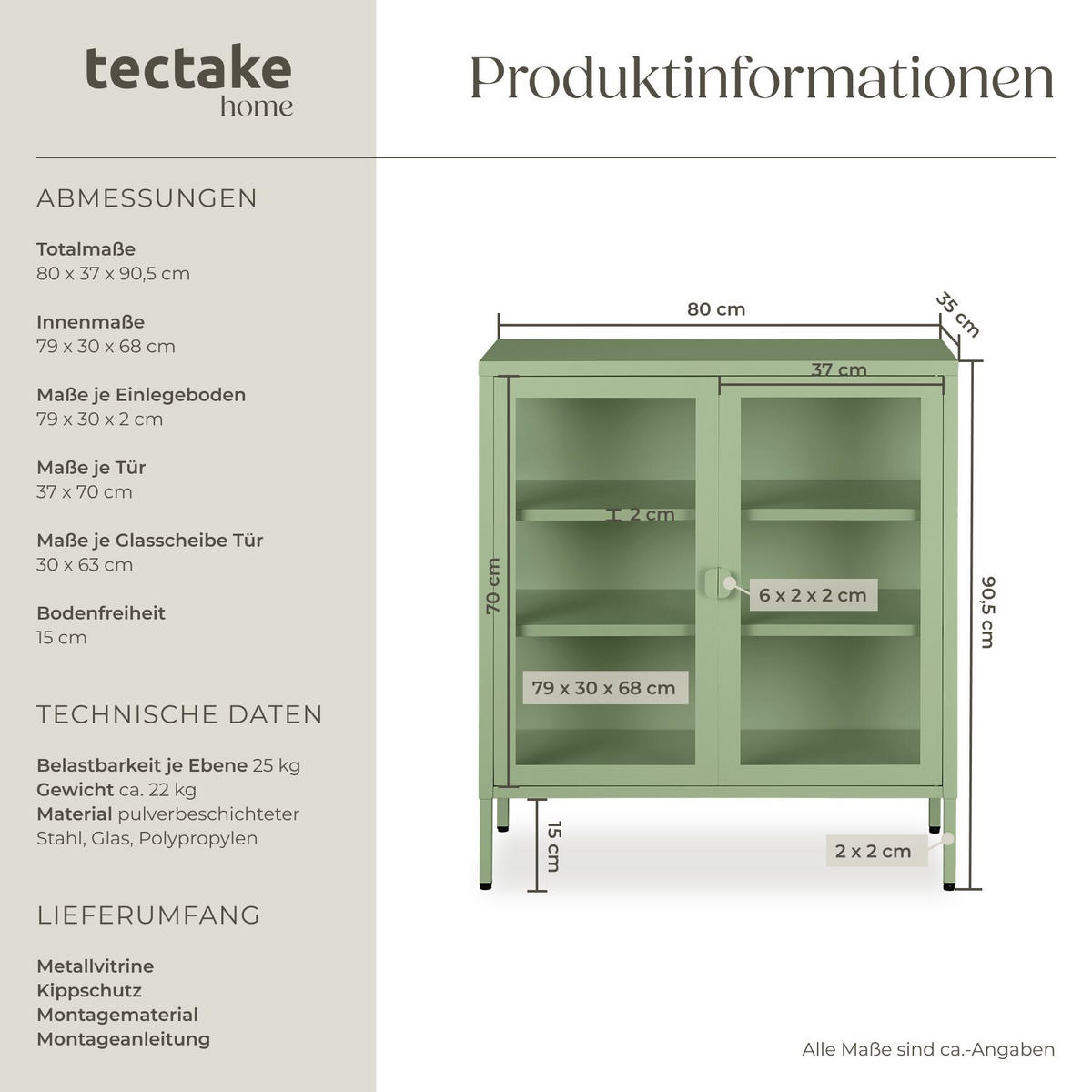 METALLVITRINE Baker, Kippschutz, höhenverstellbare Füße, salbeigrün - Salbeigrün, Metall (80/90.5/37cm) - tectake