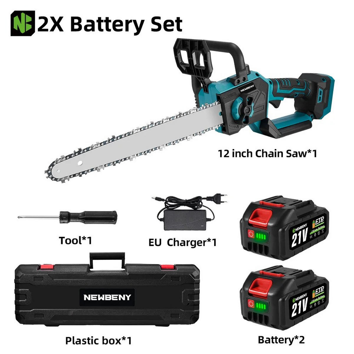 KETTENSÄGE 12-Zoll-bürstenlose elektrische mit LED-Anzeige Mit 2 Batterien - Blau, Metall (16.5/7/63cm) - Coonoor