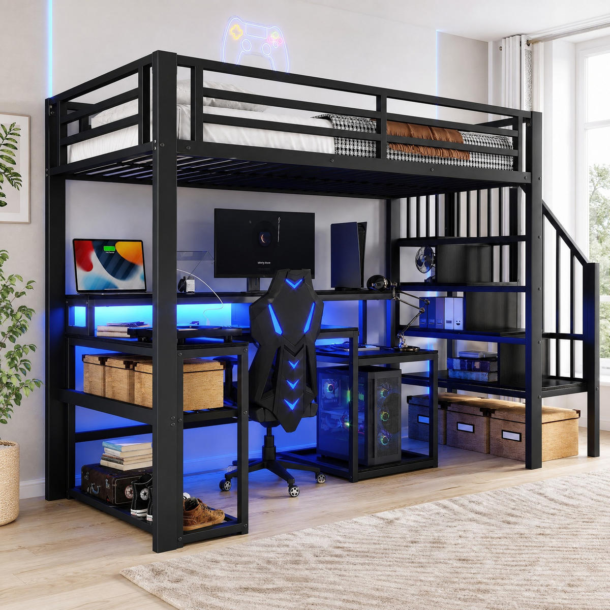 HOCHBETT 90/200 mit LED Schreibtisch USB und Stauraumtreppe in Schwarz - Schwarz, Holzwerkstoff/Metall (90/200cm) - EVRYAE