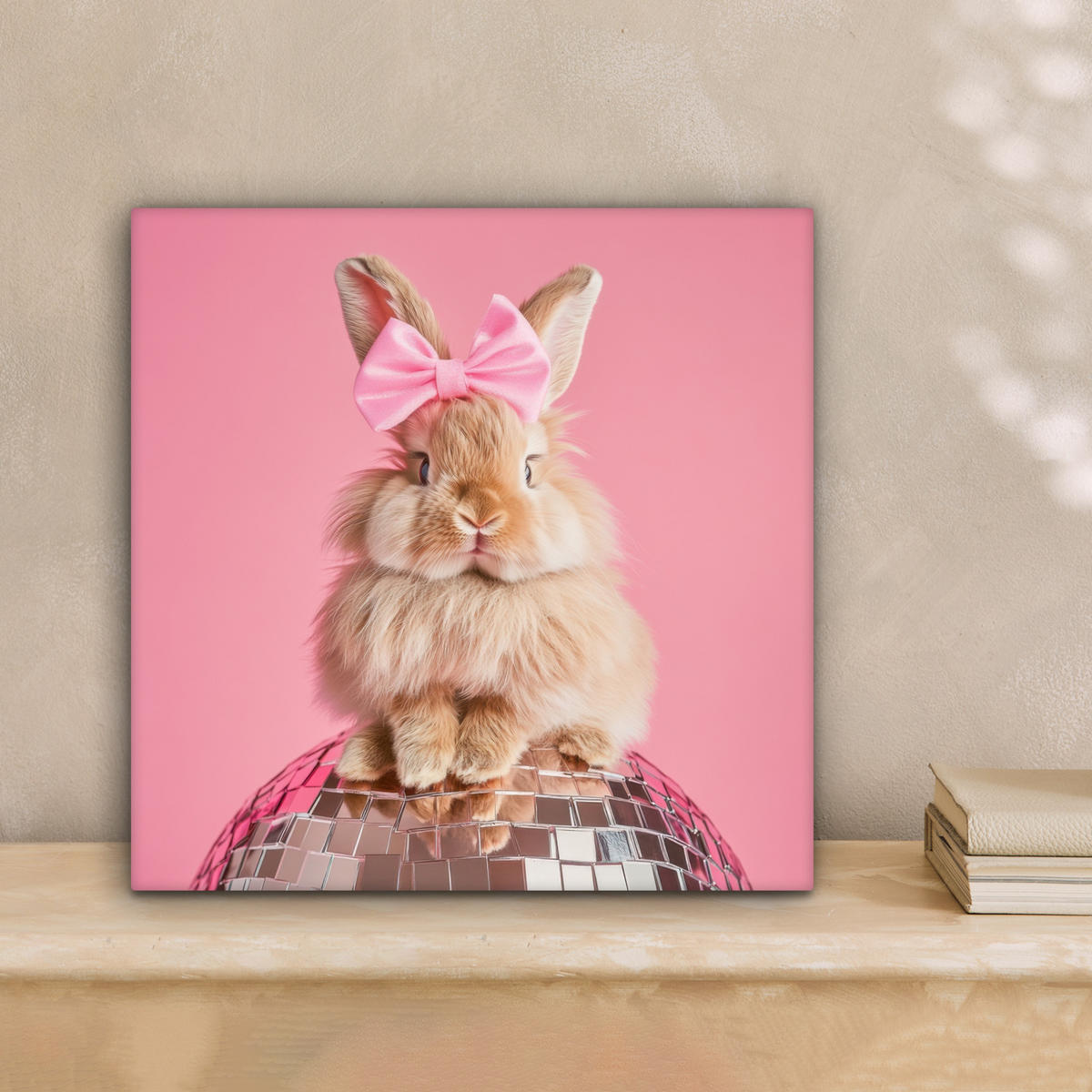 LEINWANDBILD Schleife - Discoball - Kaninchen Deko Wohnzimmer 20x20 cm - Pink, Textil (20/20cm) - MuchoWow