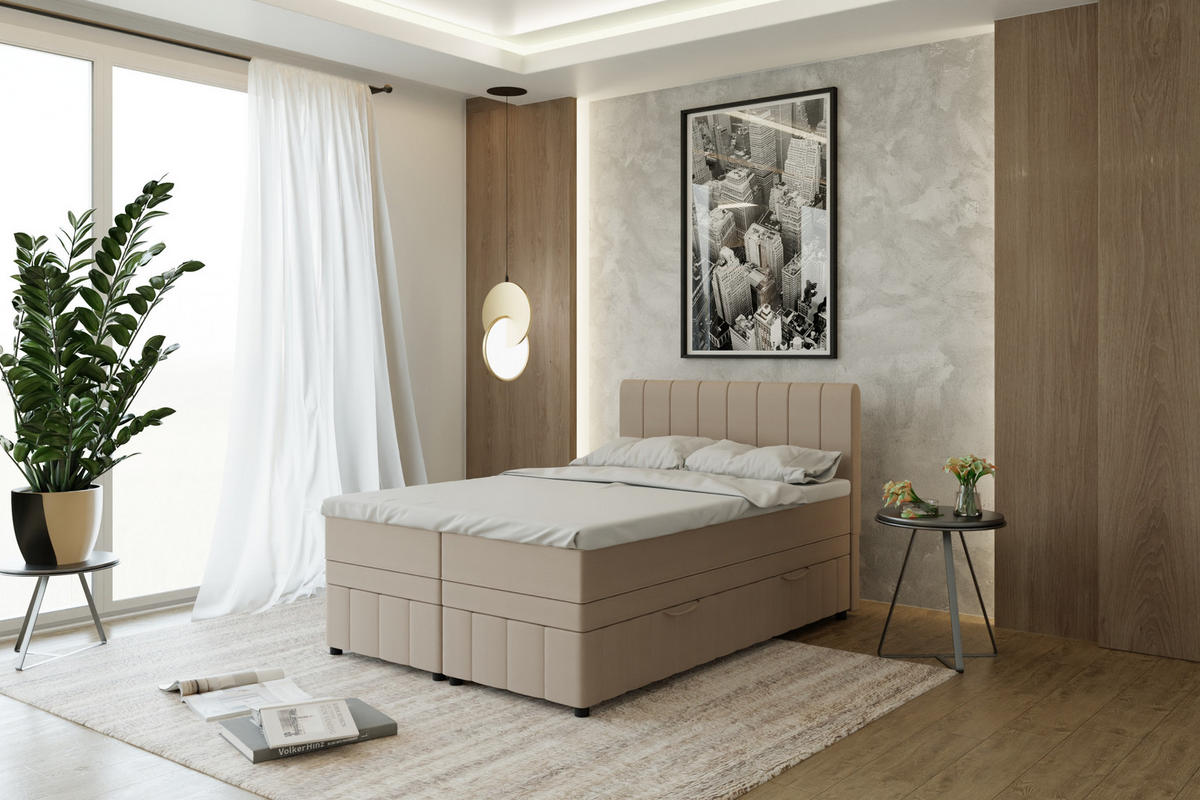 BOXBETT AVALON 140 x 200 cm mit Bettkasten und Topper - Beige - Beige, Holz - Panda Möbel