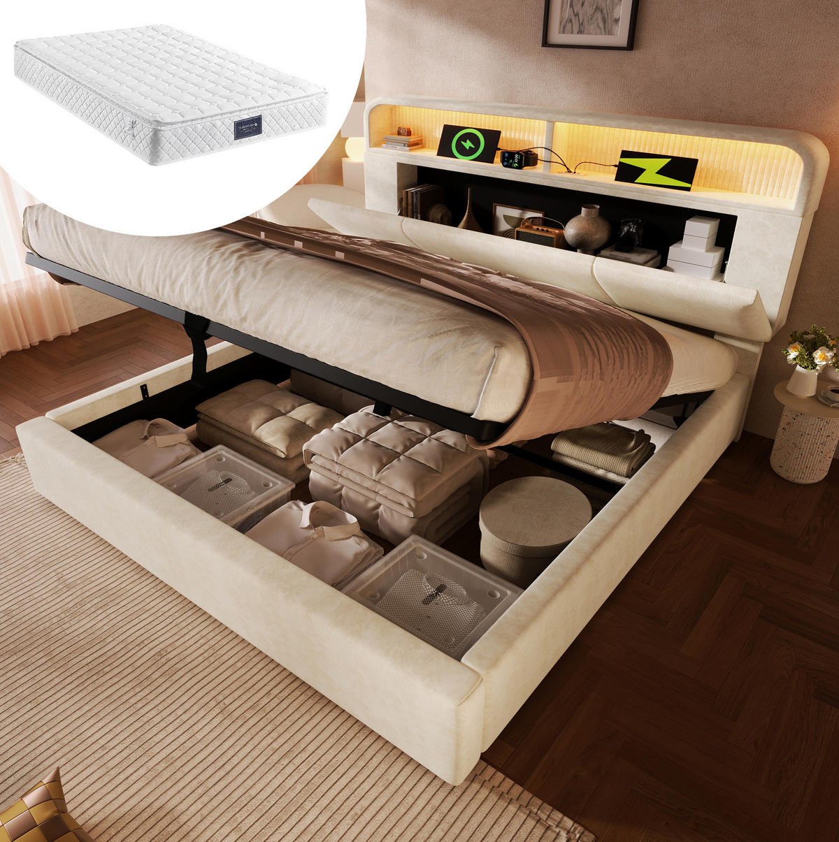 POLSTERBETT 140/200 cm Beige aus Samt mit Stauraum, LED und Ladestation - Beige, Textil (140/200cm) - OKMYHOME