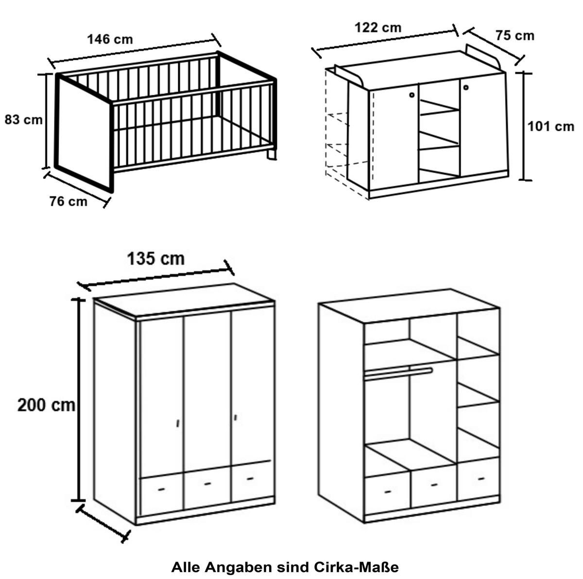 BABYZIMMER-SET 3-tlg.: Babybett & Wickelkommode & Kleiderschrank 3-türig mit Schubladen B135/H200/T58 cm, Soft-Close, Landhausstil Weiß / 22804 - Silberfarben/Weiß, Holzwerkstoff/Metall (76/83/146cm) - luma-home