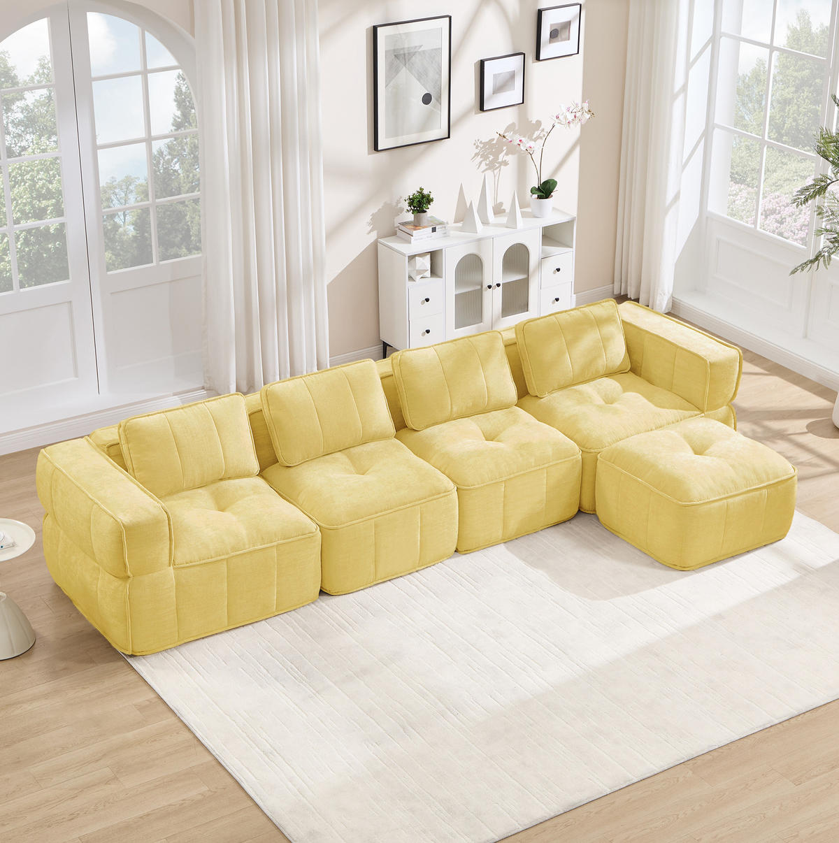ECKSOFA 344/162/67 cm in Gelb aus Polyester mit Hocker und 32D-Schaumstoff - Gelb, Kunststoff (162/344cm) - Flora Grace