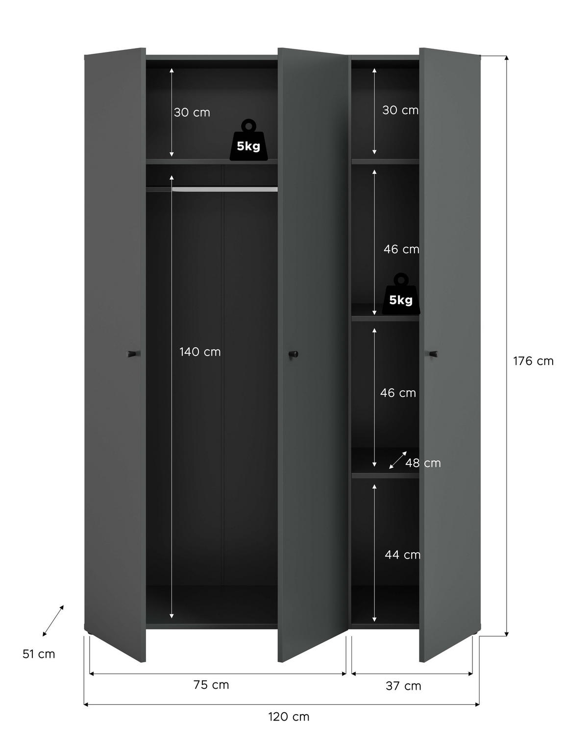 KLEIDERSCHRANK 3-türig DARWIN (B/H/T: ca. 120/176/51 cm) in anthrazit/anthrazit - Anthrazit, Holzwerkstoff (120/176/51cm)