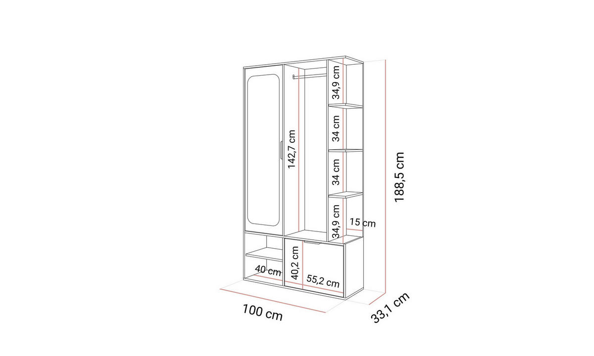 GARDEROBE NOLA 100/33,1/188,5 cm Grau matt mit Spiegel und Schuhschrank - Grau, Holzwerkstoff/Metall (100/188.5/33.1cm) - Lookway