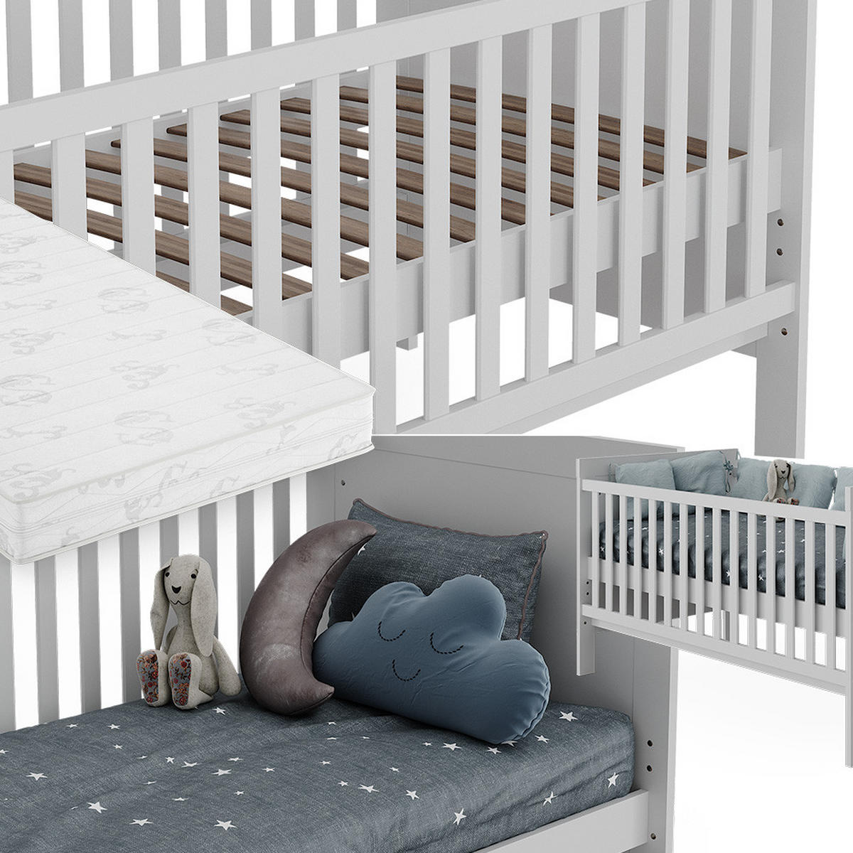 BABYBETT Ajaton Weiß 144.4 x 83 cm mit Matratze - Weiß, Holzwerkstoff (144.4/83/80.8cm) - VitaliSpa