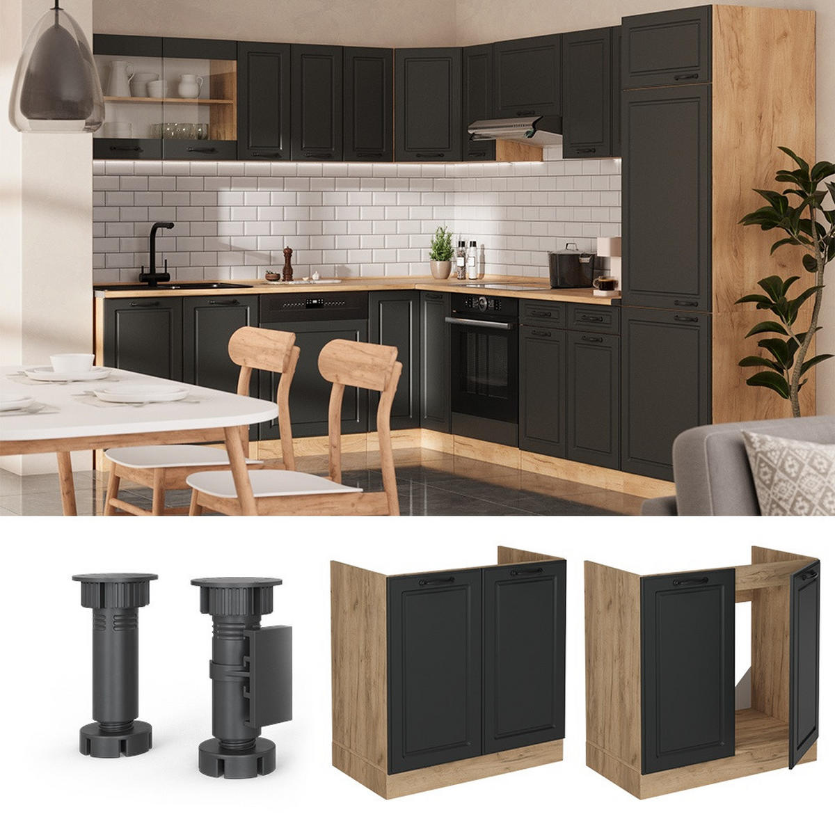 SPÜLENUNTERSCHRANK R-Line Anthrazit Landhaus 80 cm ohne Arbeitsplatte - Honigeiche/Anthrazit, Holzwerkstoff (80/81.6/46cm) - Vicco