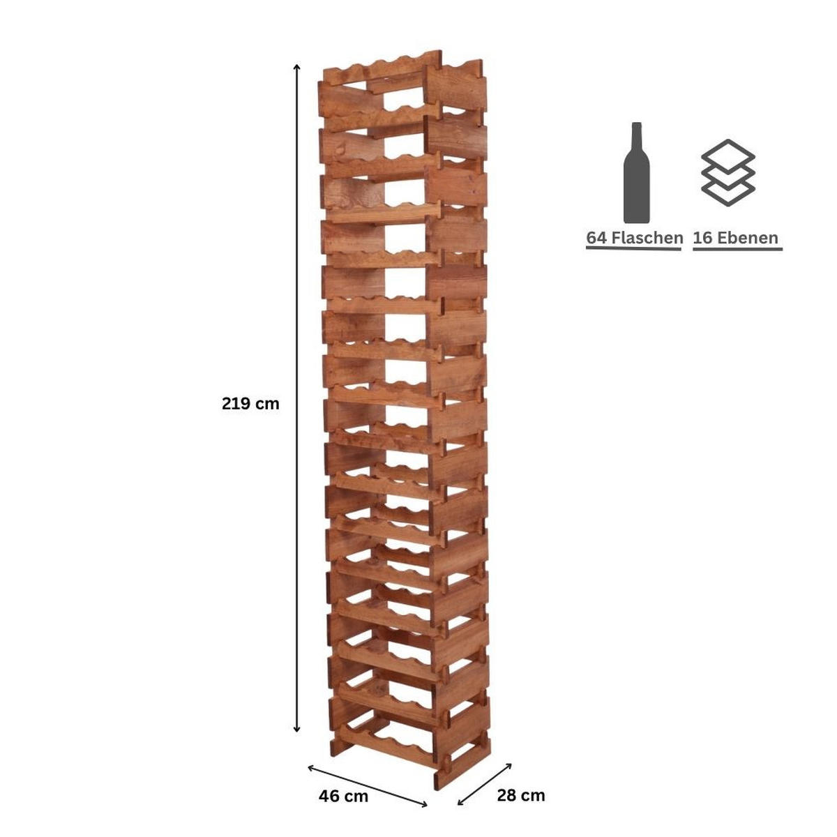 WEINREGAL VINOTECA FLEX PRO HxBxT 219x46x28cm 64 Flaschen auf 16 Ebenen Braun geölt - Braun, Holz (46/219/28cm) - PROREGAL