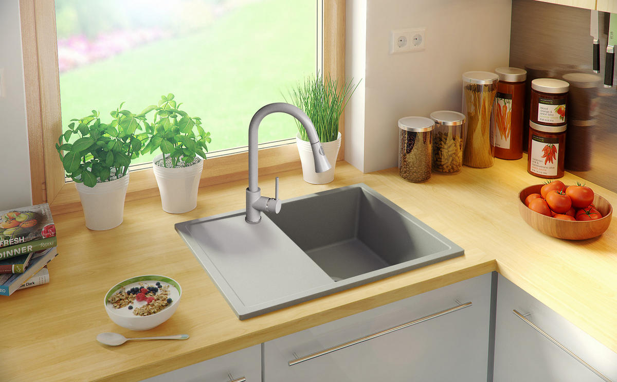 SPÜLBECKEN Ibiza, 2-er set Grau 62/50 cm 1 Becken + Ablauf-Set ab 45er Unterschrank - Chromfarben/Grau, Kunststoff (62/19/50cm) - Primagran