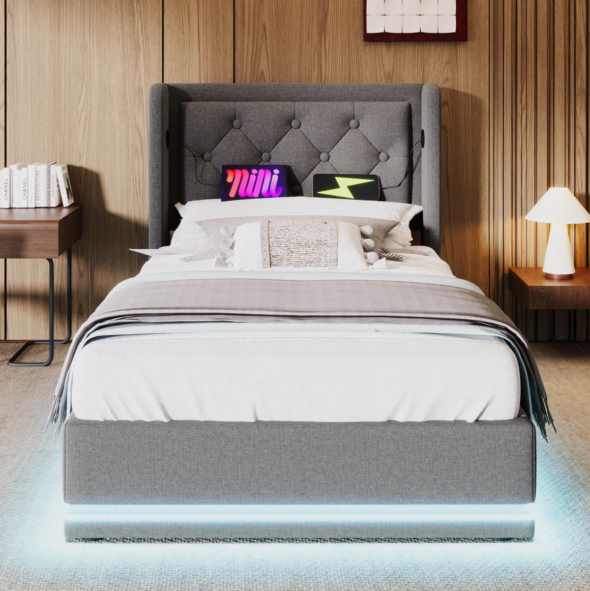POLSTERBETT aus Baumwolle 90x200 cm in Grau mit LED & USB Typ-C - Grau, Textil (90/200cm) - Modfu