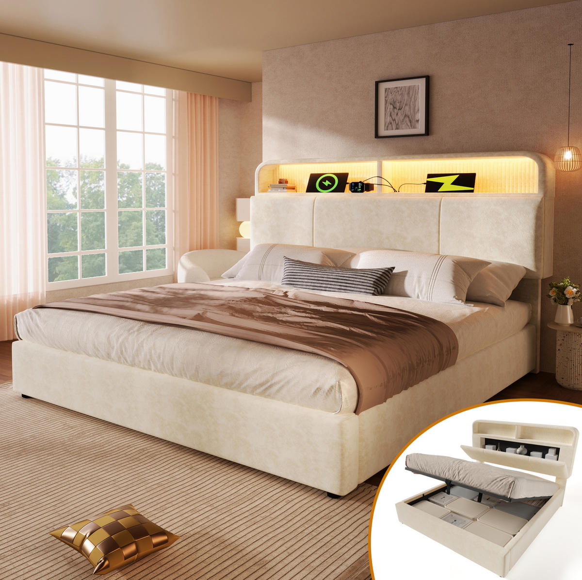 POLSTERBETT 140/200 cm Beige aus Samt mit Stauraum, LED und Ladestation - Beige, Textil (140/200cm) - OKMYHOME
