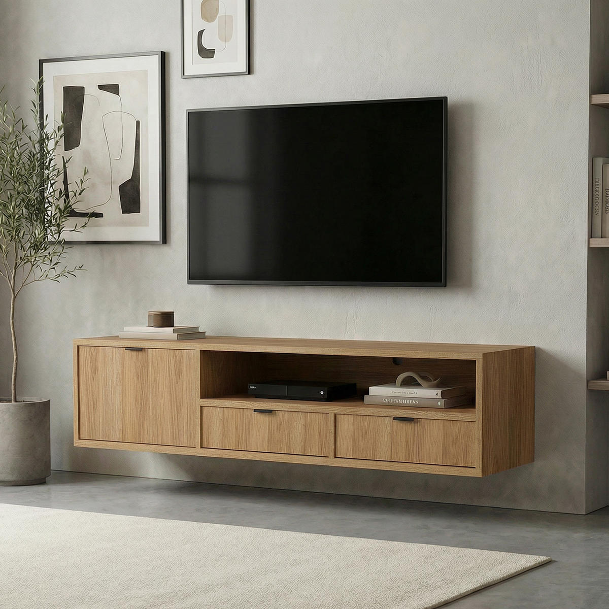 NÍZKÁ visící komoda Evron se 2 zásuvkami a 1 dvířky, 150 cm, dub Hikora - barva dubu, kompozitní dřevo (150/35/40cm) - Beautysofa