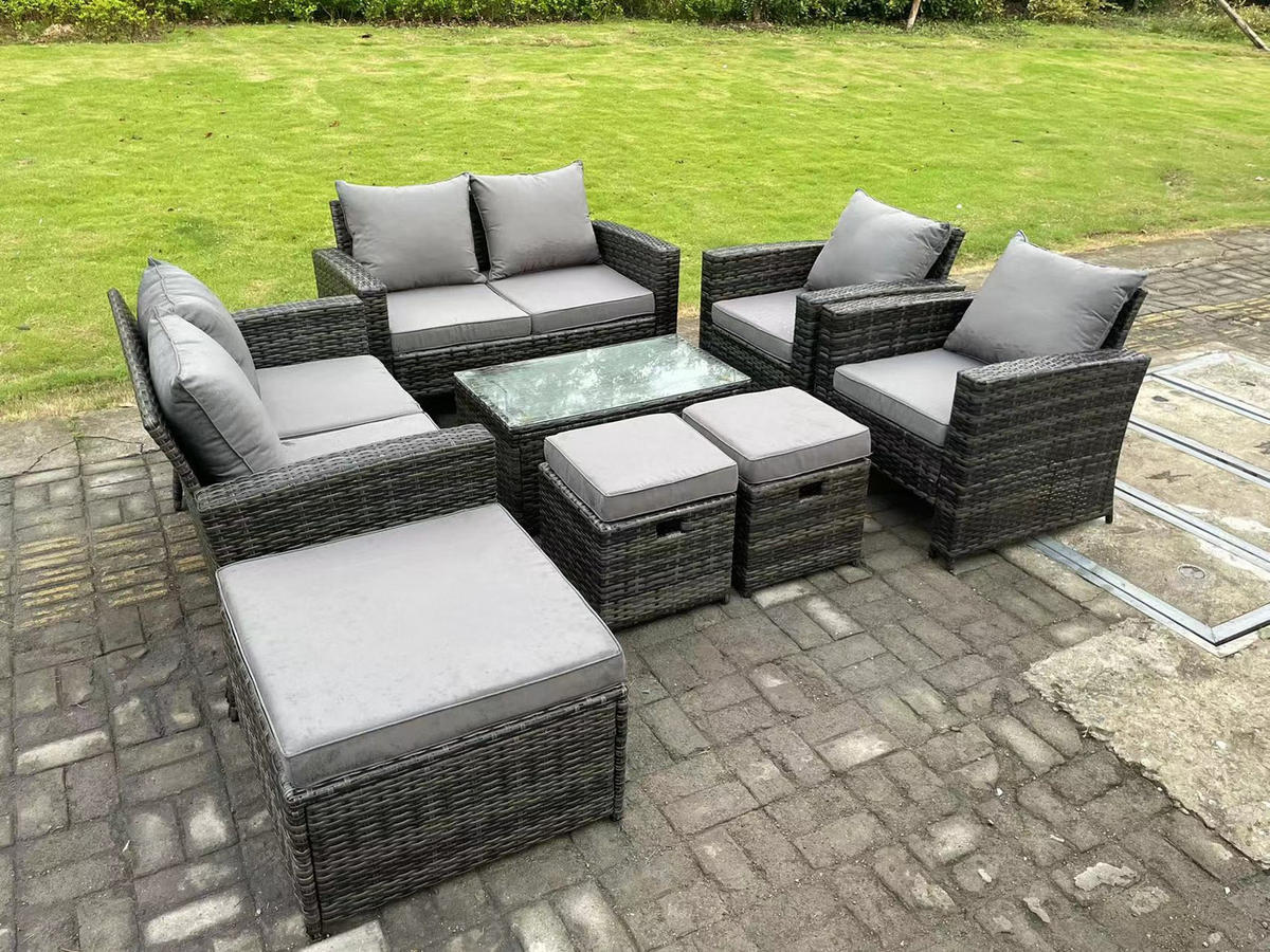 GARTENSOFA SET mit Couchtisch Polyrattan Dunkelgrau 9-Sitzer - Dunkelgrau, Metall - Fimous