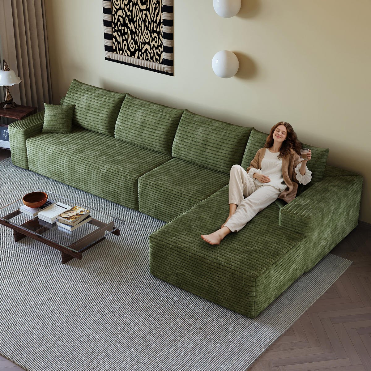 ECKSOFA 340/175/83 cm Grün mit L-förmiger Chaiselongue, Rechte Seite - Grün, Textil (340/175cm) - Oxeza