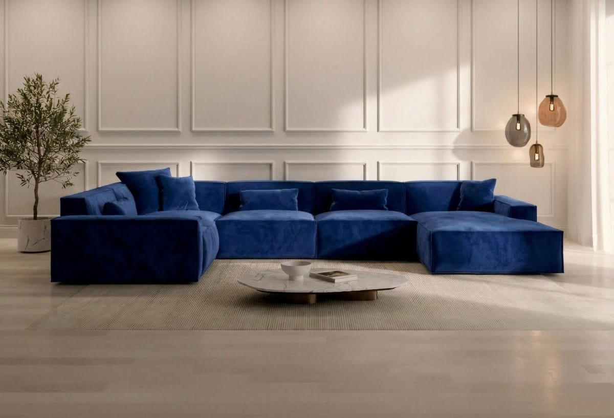 WOHNLANDSCHAFT Beluga Dunkelblau Samtstoff - Dunkelblau, Kunststoff (313/73/181cm)