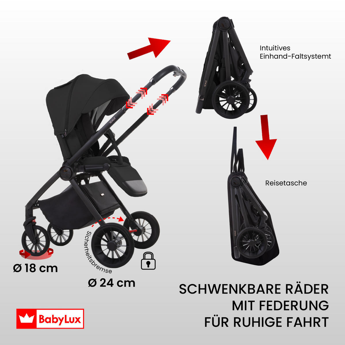 BUGGY Scale, Klein und Leicht, Teleskopische Führung, Kompakt Faltbar, Wickeltasche, Reisetasche - Schwarz, Textil/Metall (58/100cm) - BabyLux