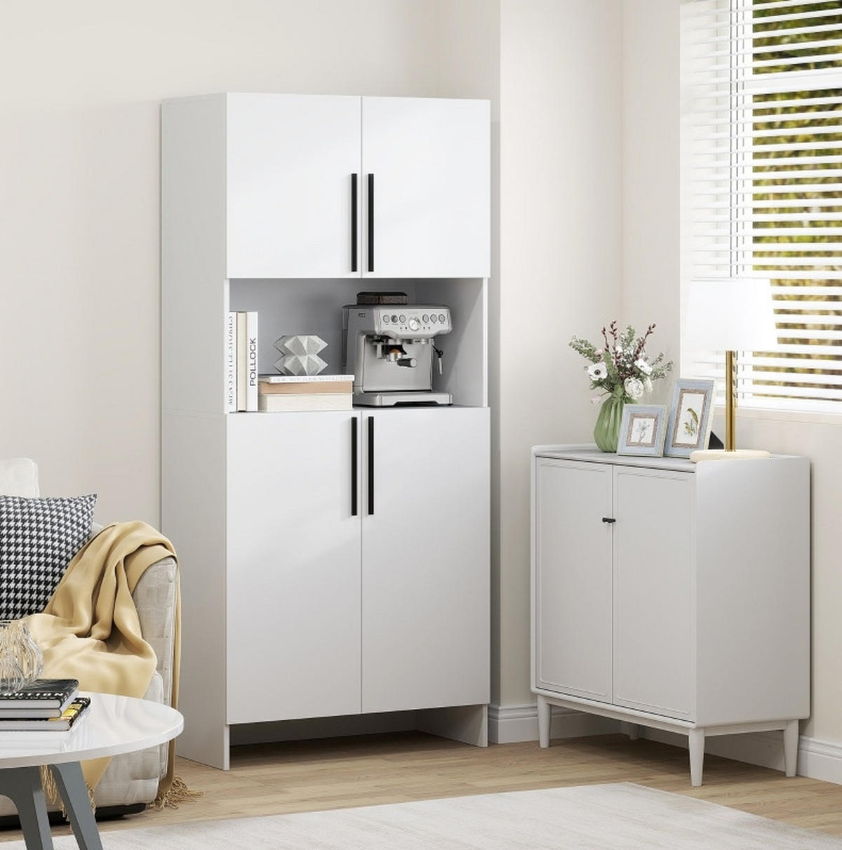 BUFFETSCHRANK 79/40/175 cm mit 2 Schränken, Mikrowellenablage und leisem Schließsystem, Weiß - Weiß, Holz (79/175/40cm) - Redom