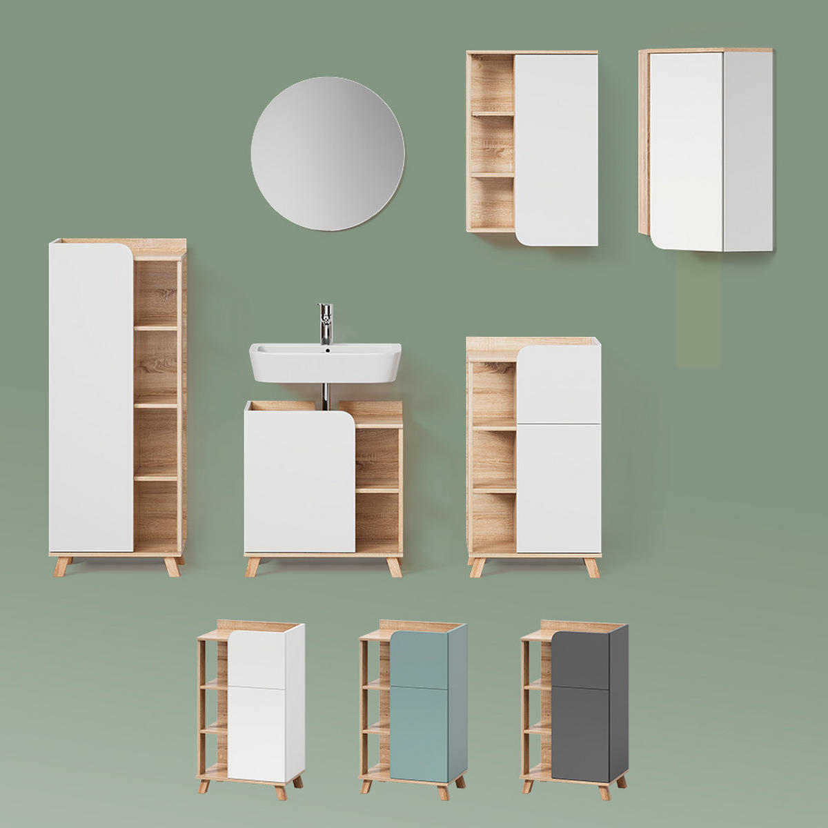 BADSCHRANK Marano Sonoma/Weiß 50 x 75 cm mit Tür und offenen Fächern - Weiß/Sonoma Eiche, Holzwerkstoff (50/75/20cm) - Livinity®