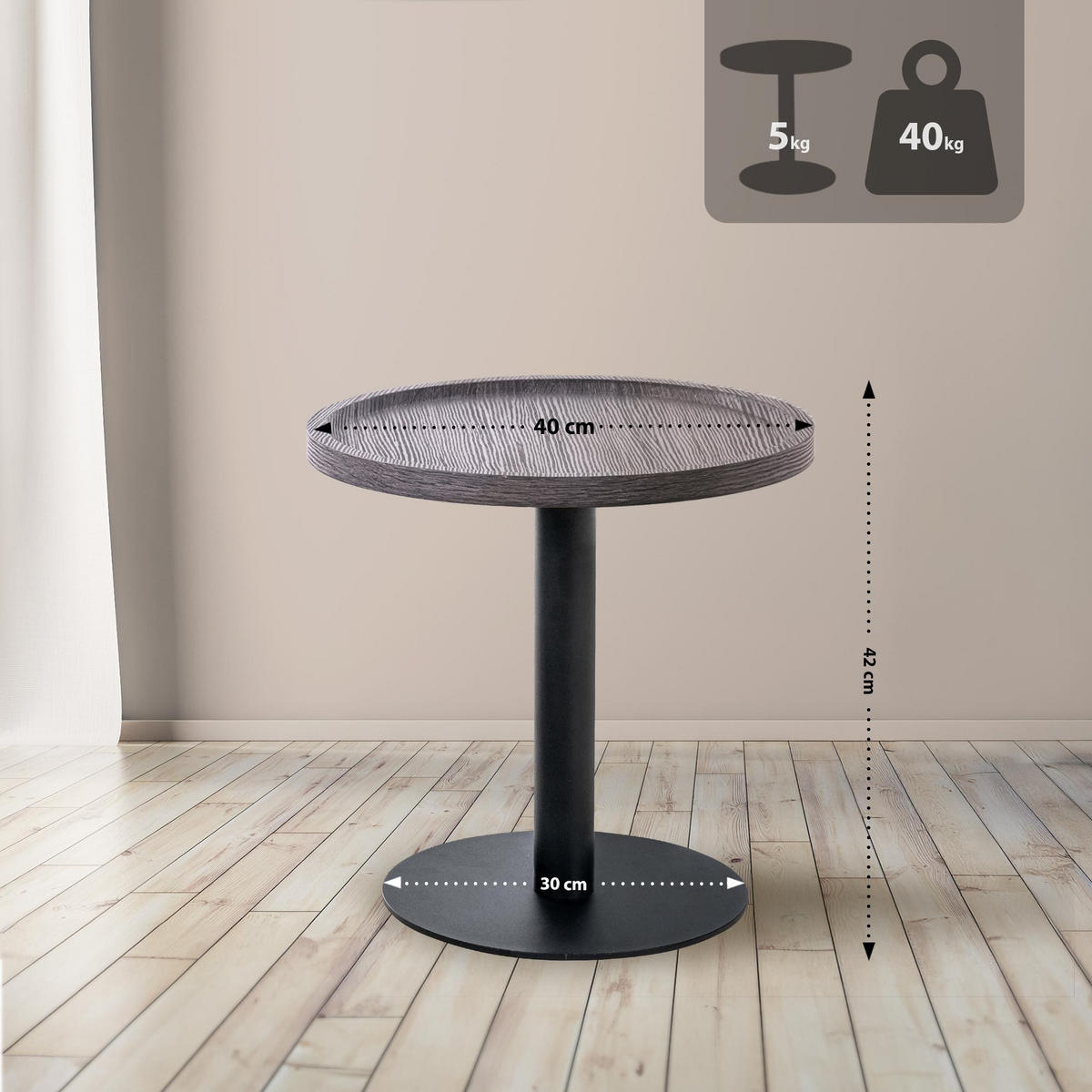 BEISTELLTISCH rund 40 cm Holz Grau - Schwarz/Grau, Holz/Metall (40/40/42cm) - CLP
