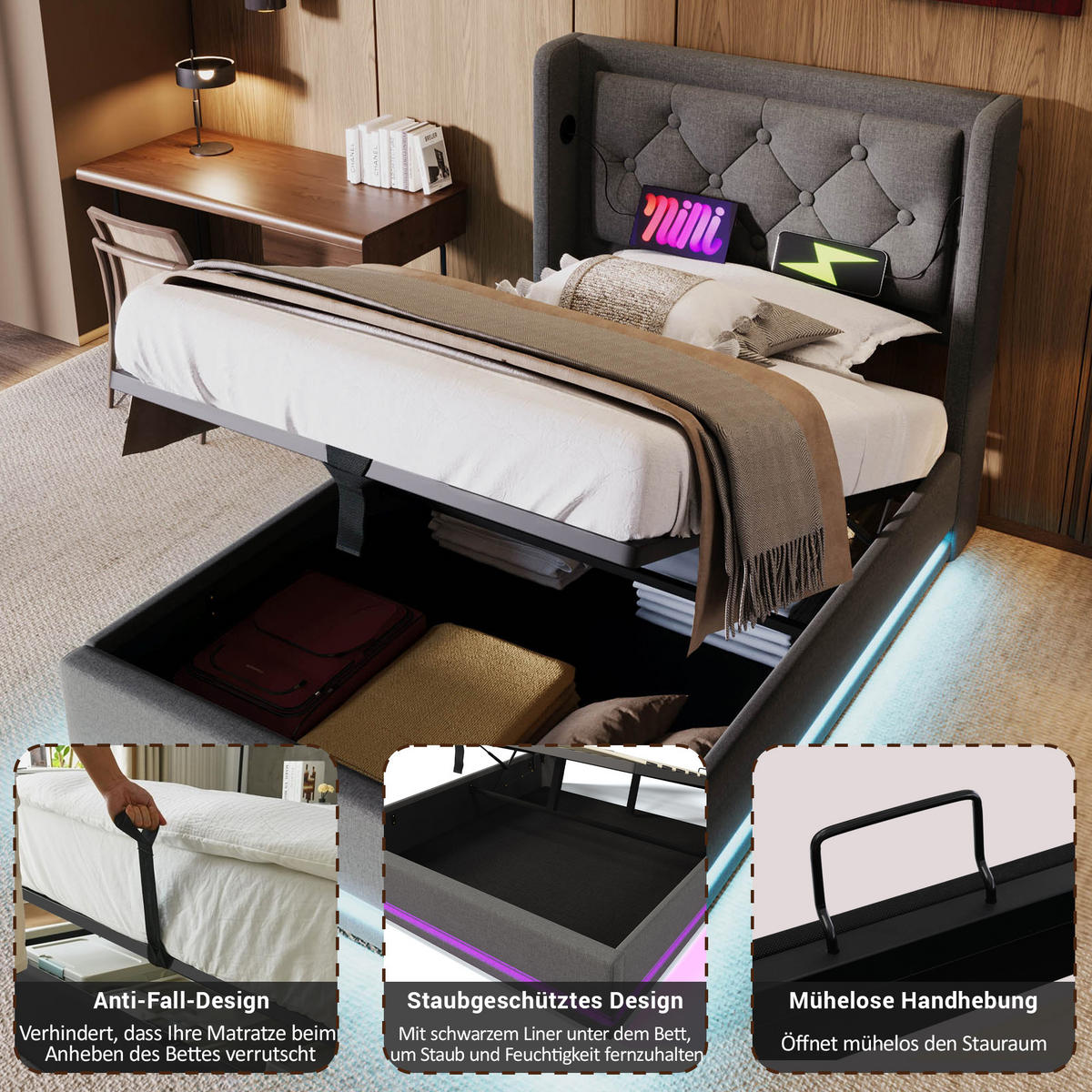 POLSTERBETT 90/200 cm in Grau Stoff mit Bettkasten, LED, USB und Type-C - Grau, Holzwerkstoff/Textil (90/200cm) - WISHDOR
