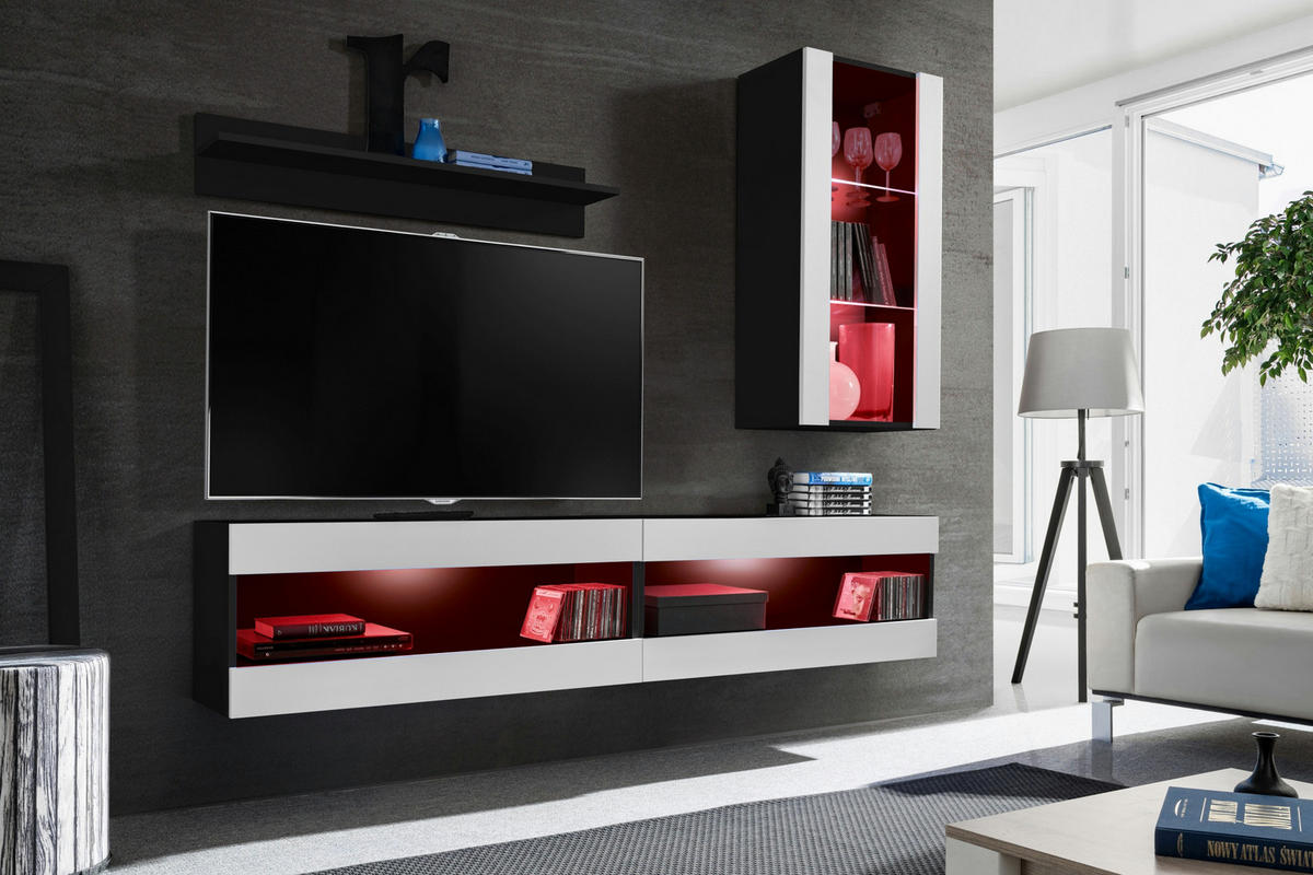 WOHNWAND 4-er Set, TIVOLI SET5 mit mehrfarbige LED RGB Beleuchtung Schwarz + Weiß, Offener Raum - Schwarz/Weiß, Glas/Holzwerkstoff (240/195/35cm) - Komodee