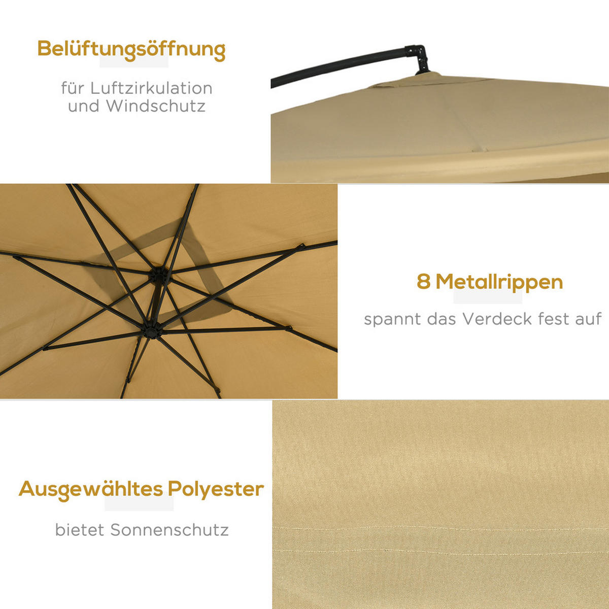 SONNENSCHIRM Quadratisch 295x295cm Neigbar mit Netzseiten und Schirmgewicht - Beige, Textil (295/295cm) - Raelunyi