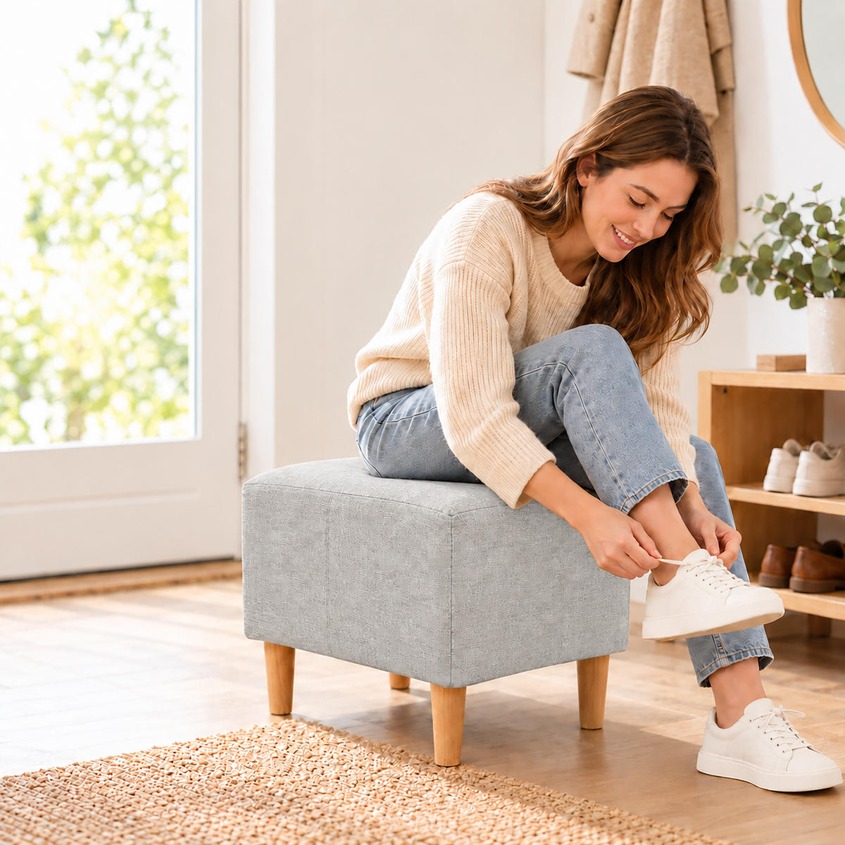 FUSSHOCKER Hellgrau gepolstert Holzfüße - Grau, Holz/Textil (61/42/41cm) - Relaxdays