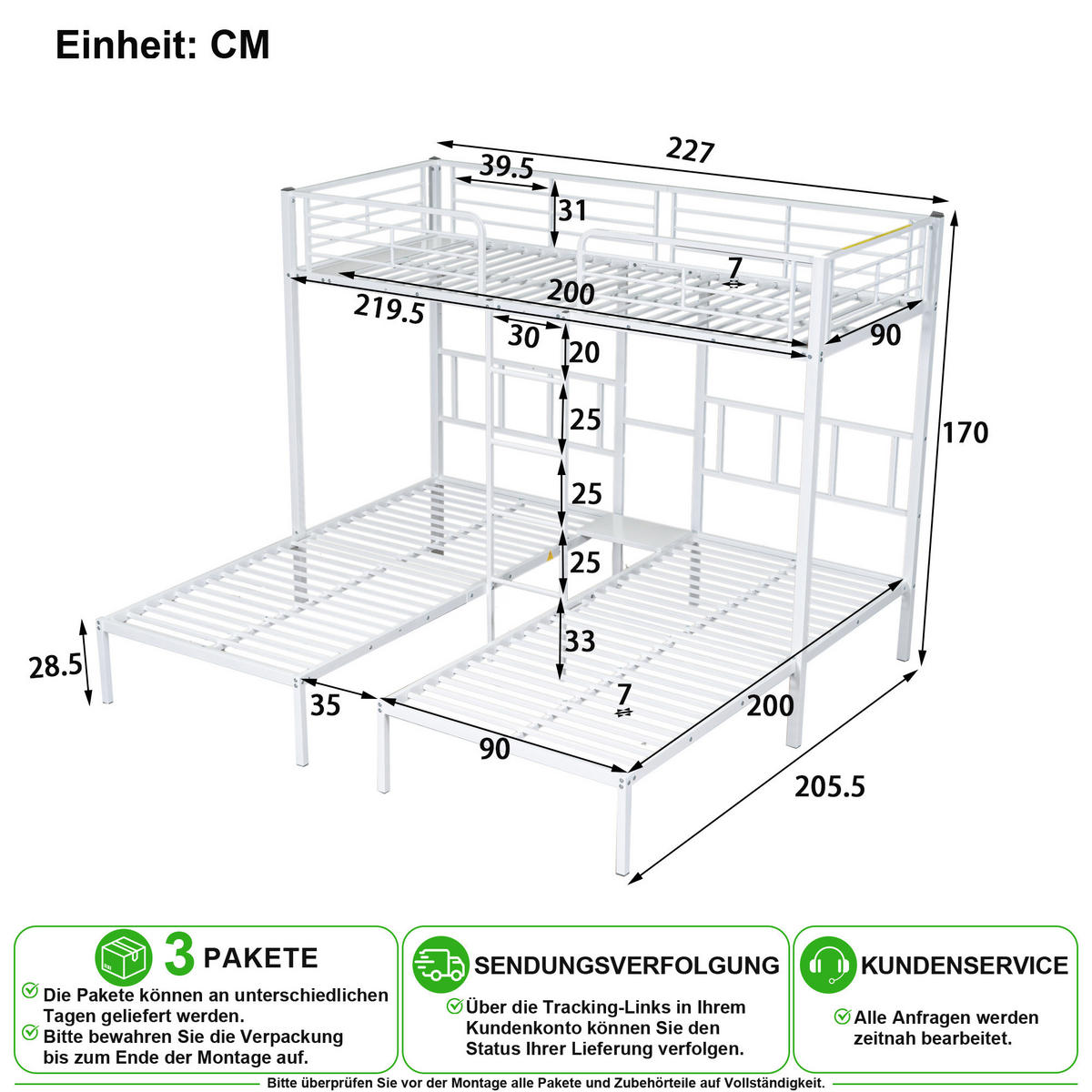 ETAGENBETT 90/200 cm & 90/200 cm & 90/200 cm in Weiß mit Leiter, Ablage und Tisch - Weiß, Metall (90/200cm) - CHICFURN
