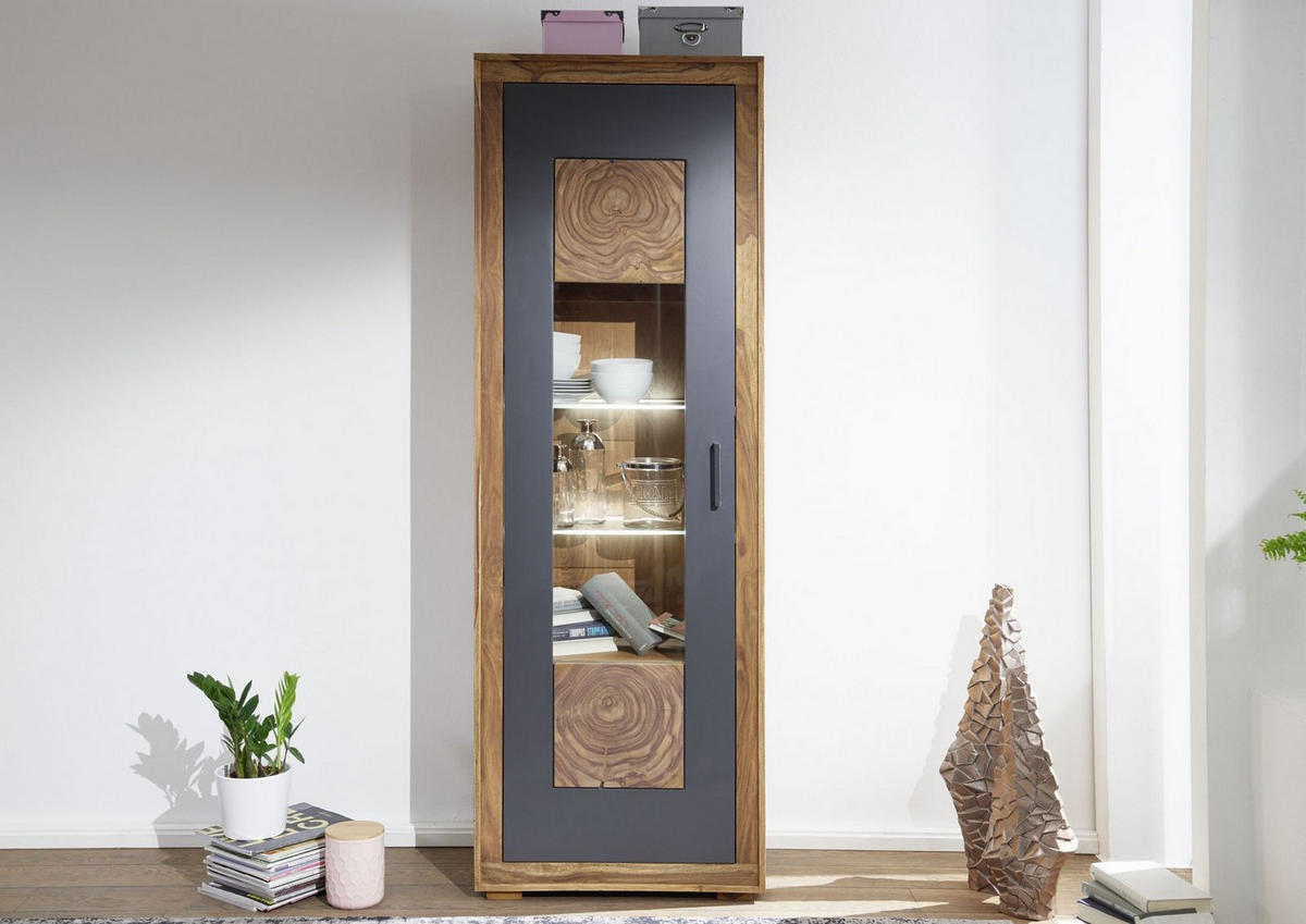 VITRINE Sheesham 66x40x201 gebeizt TURIN #01 - Braun, Holz (66/201/40cm) - Massivmoebel24