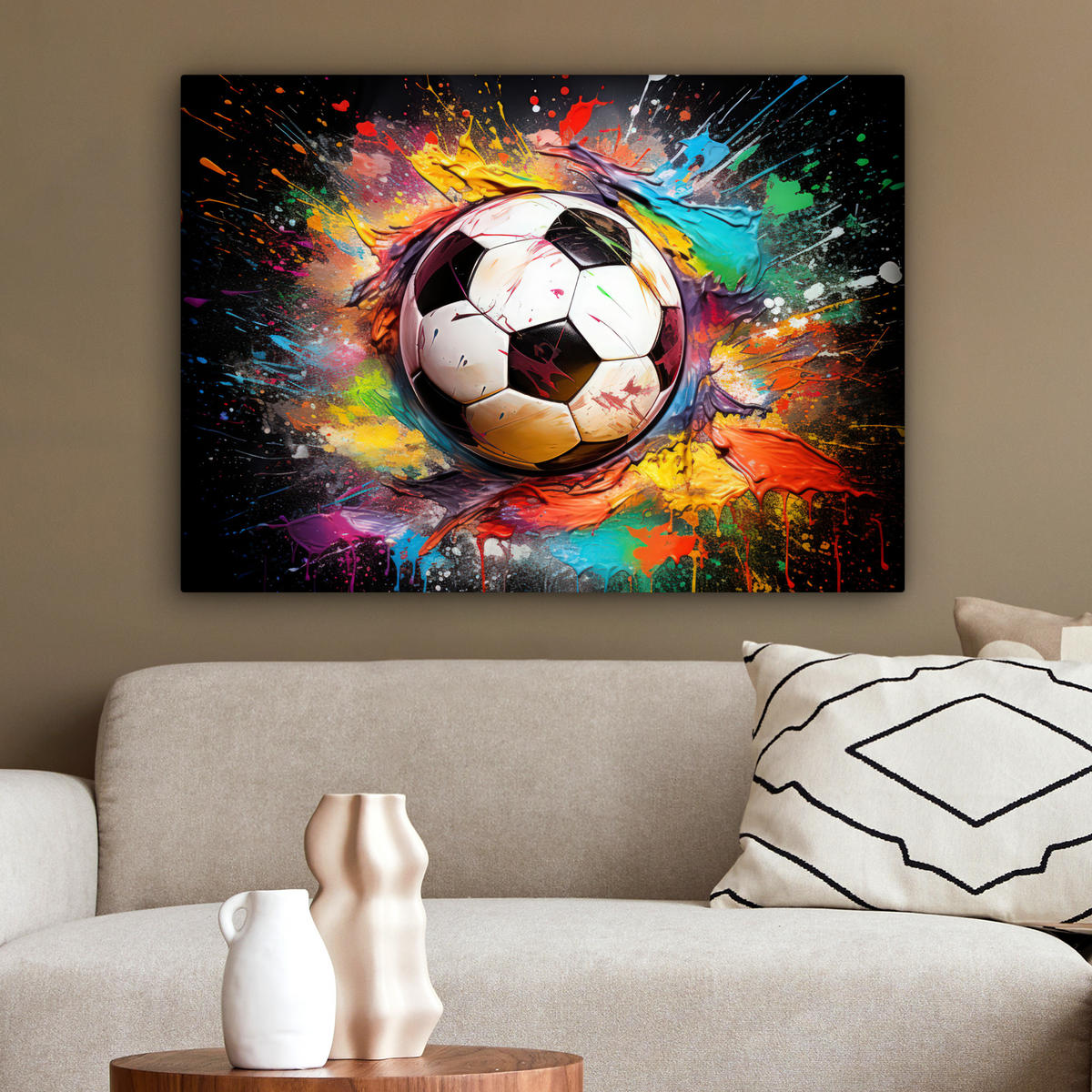 LEINWANDBILD Fußball - Farbe - Farben - Schwarz - Weiß Wandbilder 80x60 cm - Weiß, Textil (80/60cm) - MuchoWow
