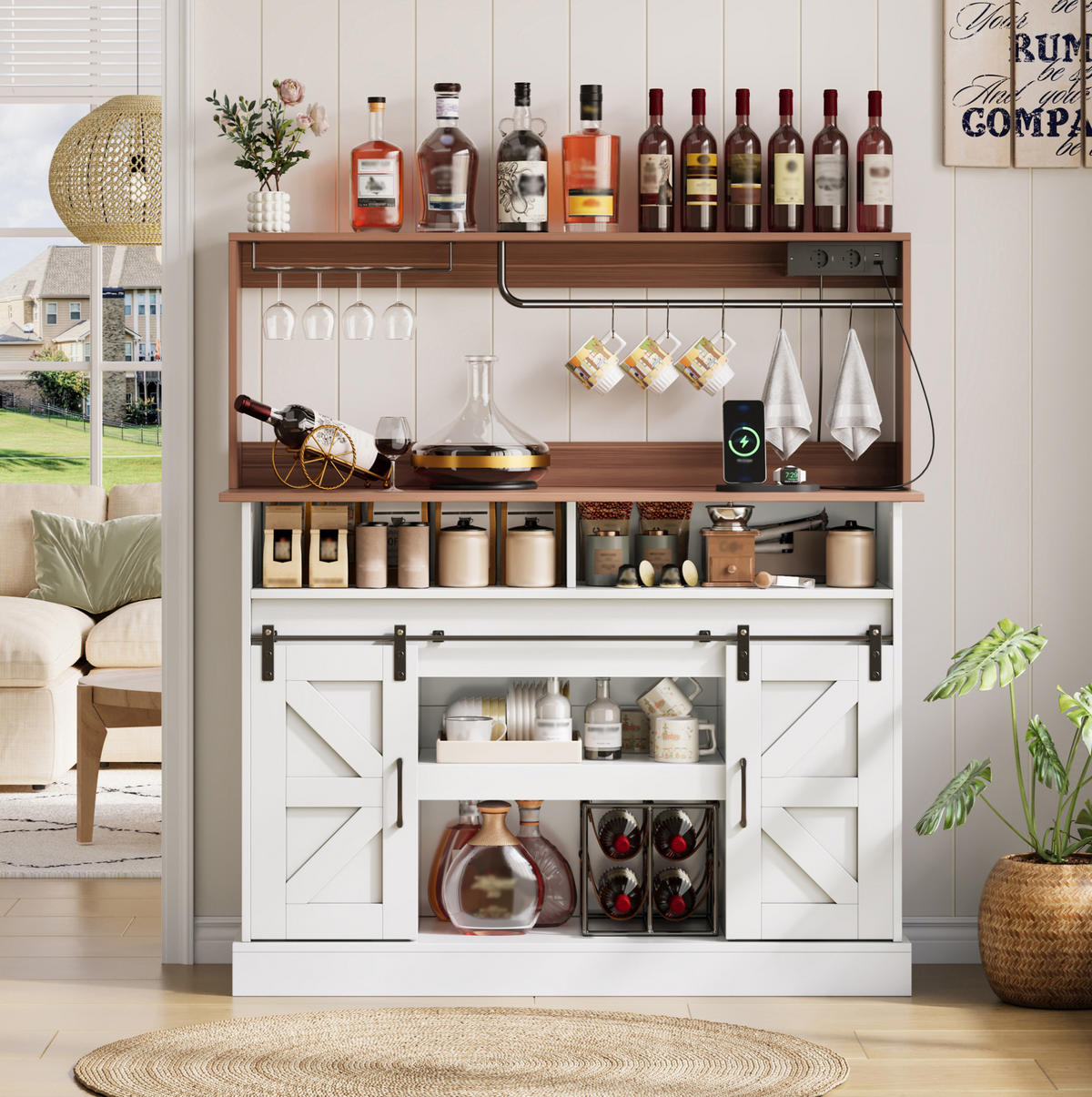 HIGHBOARD 120/40/130 cm mit Steckdosen, Schiebetüren und Gläserhalter im Landhausstil, Weiß/Natur - Weiß, Holzwerkstoff (120/130/40cm) - Redom
