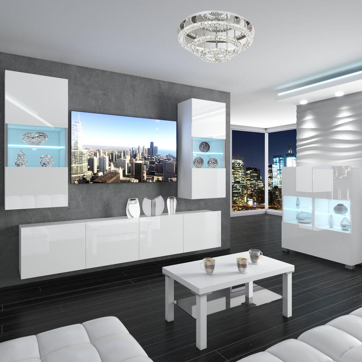 WOHNZIMMERWAND mit LED-Beleuchtung TV-Schrank Weiß - Weiß, Holz (300/180/36cm) - B BELINI GROUP