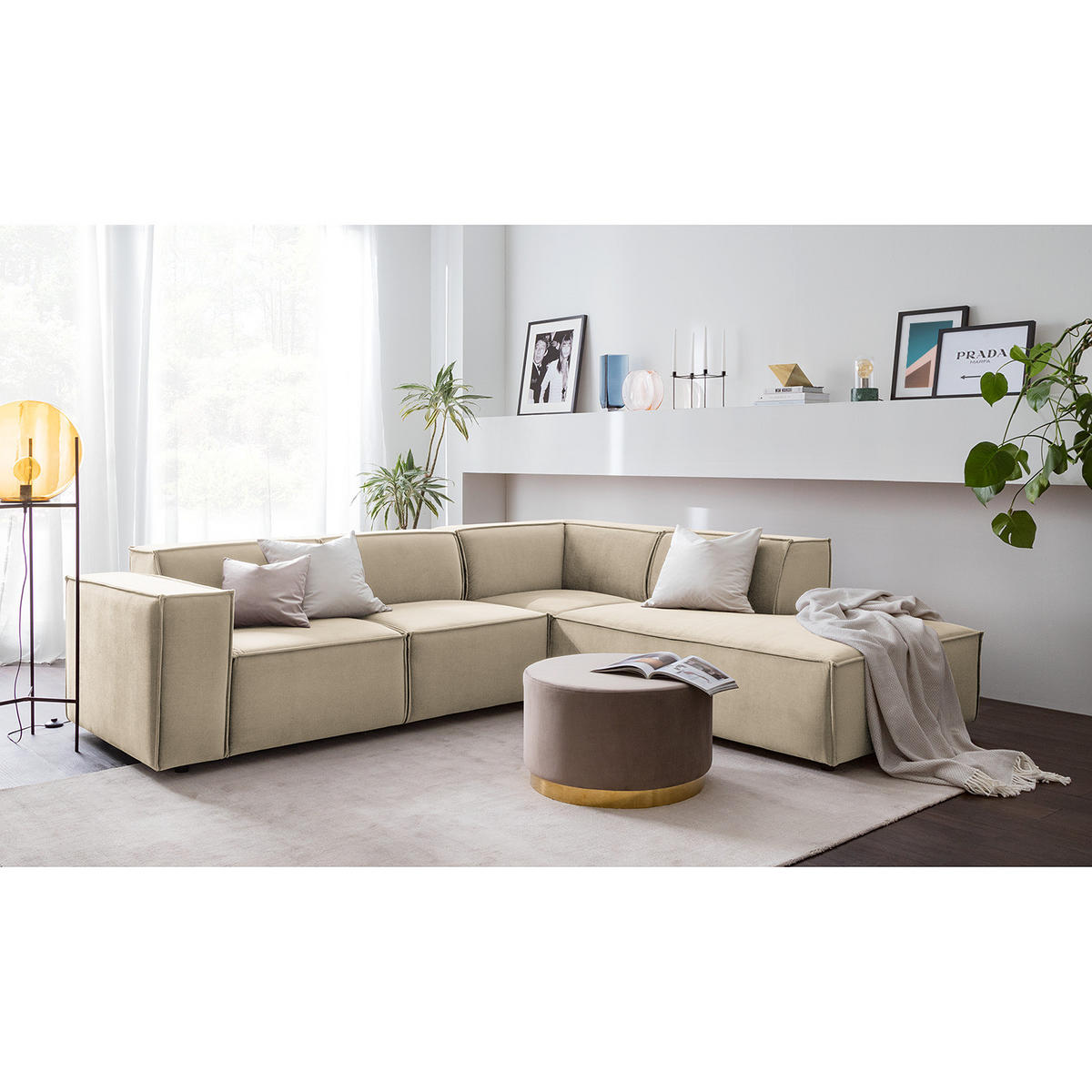 ECKSOFA mit Ottomane - Beige/Schwarz, Kunststoff/Textil (260/234cm) - home24