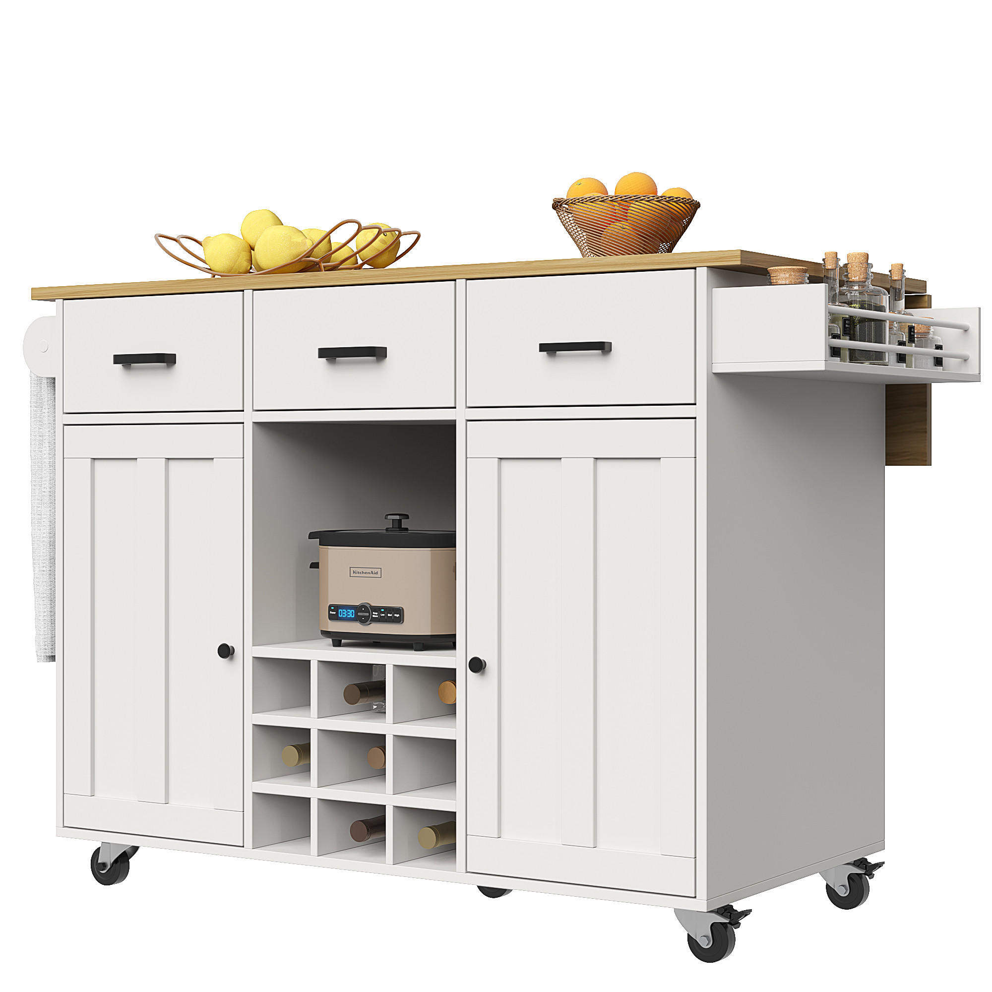 KÜCHENWAGEN 104x39.5x91.5cm Weiß mit 3 Schubladen & Weinrutsche - Weiß, Holzwerkstoff (104/91.5/39.5cm) - Modfu