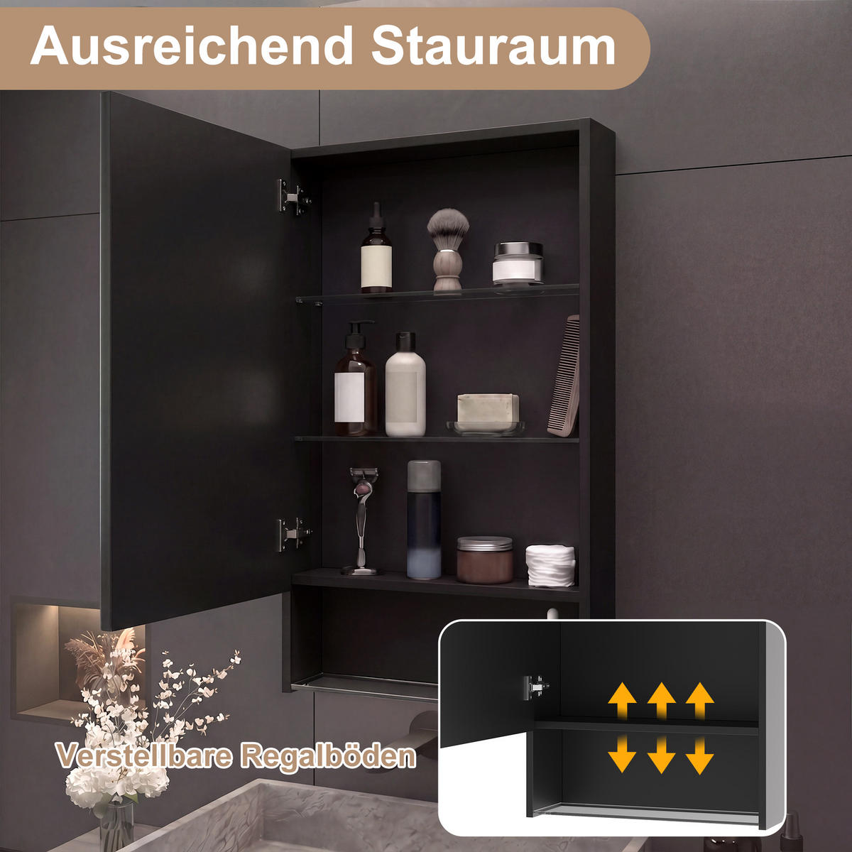 SPIEGELSCHRANK einzeltürig 50/88/16 cm, 3-farbig LED, untere Glasablage, Schwarz - Schwarz, Glas (50/88/16cm) - BRILVERDE