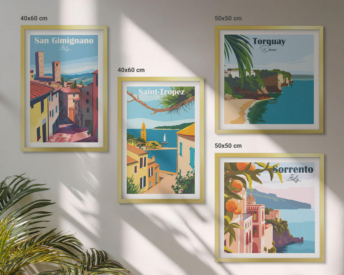 BILDER SET 4er Set - 50x50 cm & 40x60 cm Goldrahmen - Italienische Küstenstädte - Goldfarben, Kunststoff (50/50cm) - TULUP