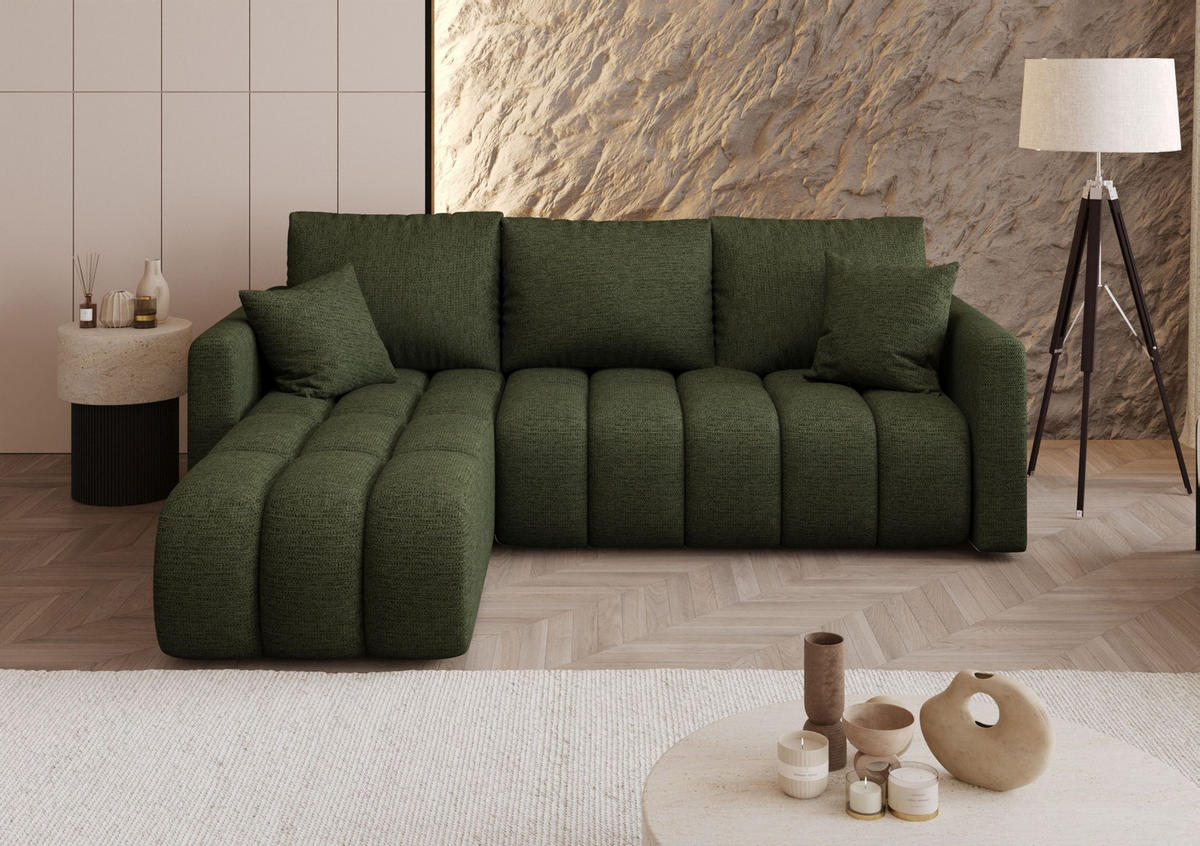 ECKSOFA GARDA links grün Strickstoff Aragon 39 - Schlaffunktion, Bettkasten - Grün, Textil (230/150cm) - Cornero