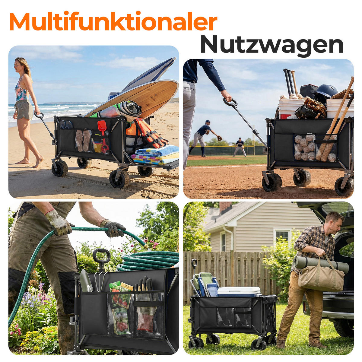 HANDWAGEN, faltbar-verbreitert, 200+100L, Geländeräder, schwarz - Schwarz, Metall (27/72/37.5cm) - Vallsero