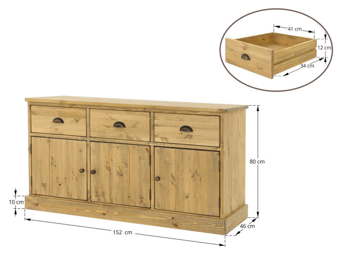 KOMMODE aus Massivholz Dakota 3 - Hellbraun, Holz (152/80/46cm) - Seart