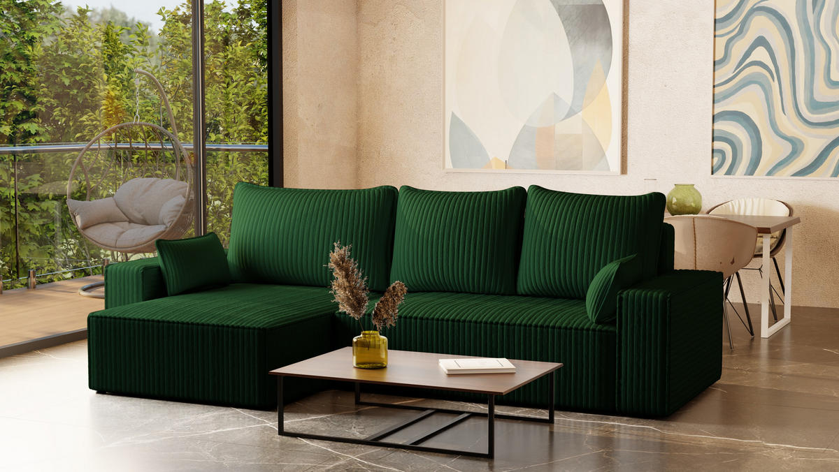 ECKSOFA Tobi mit Bettkasten und Schlaffunktion, L-Form/XL-Form, Cordstoff, Universal - Waldgrün, Holzwerkstoff (276/145cm) - 4ALL HOME