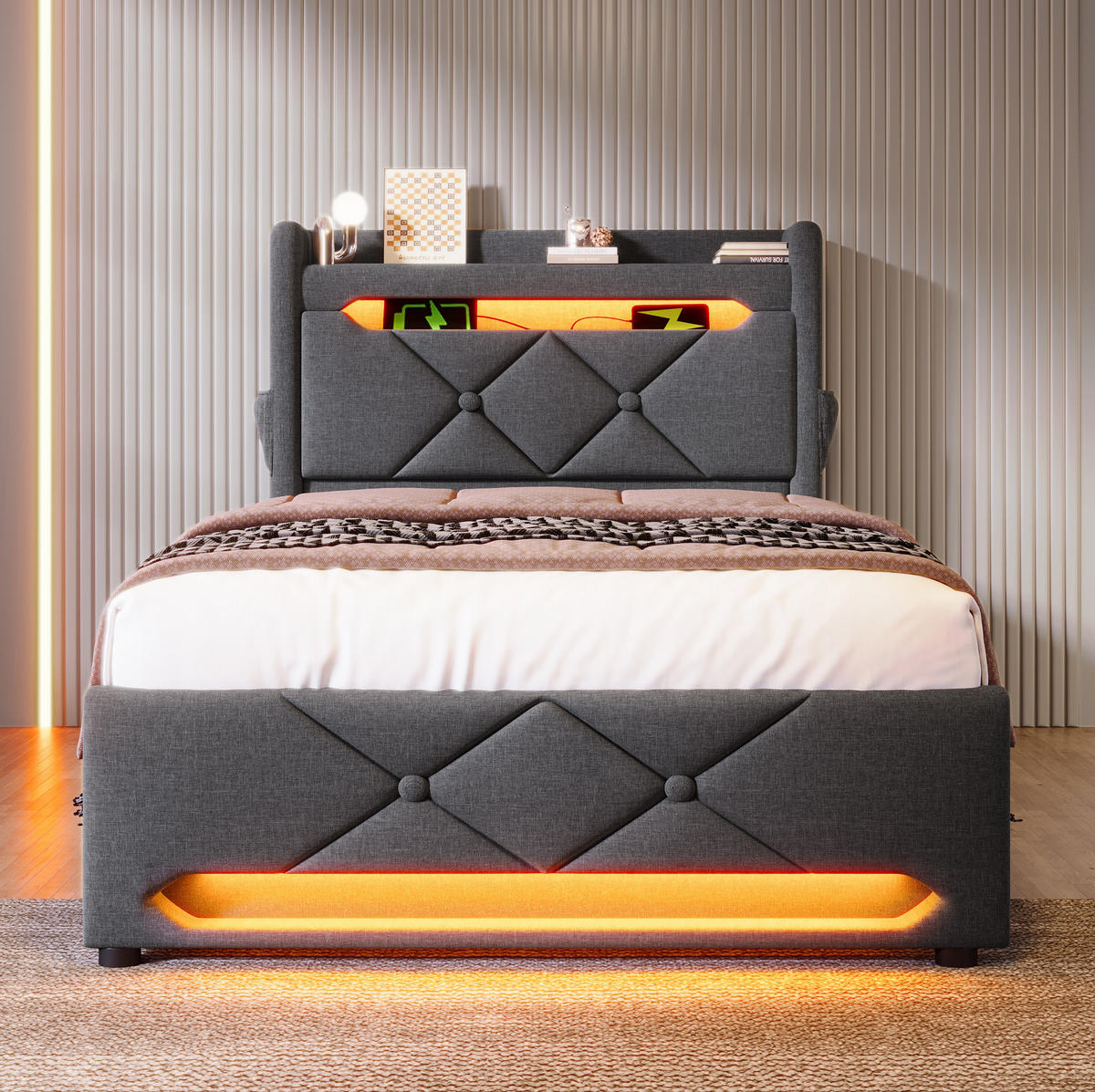 POLSTERBETT mit LED-Beleuchtung 90/200 cm mit Bettkasten und USB-C, Grau - Grau, Textil (90/200cm) - BEAOK