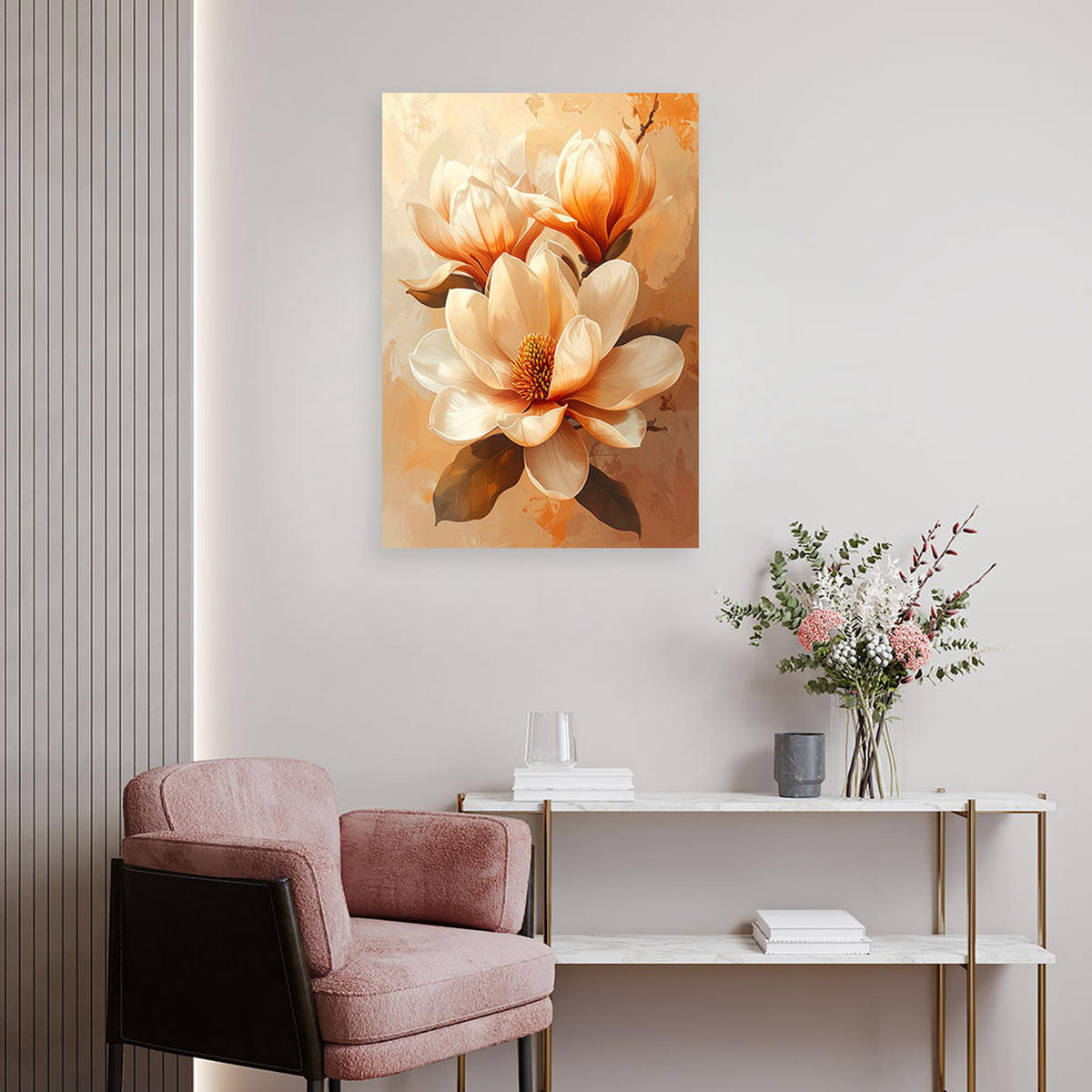BILD auf Leinwand, Cremige Magnolie in warmen Orangetönen - Orange, Textil (70/100cm) - Feeby