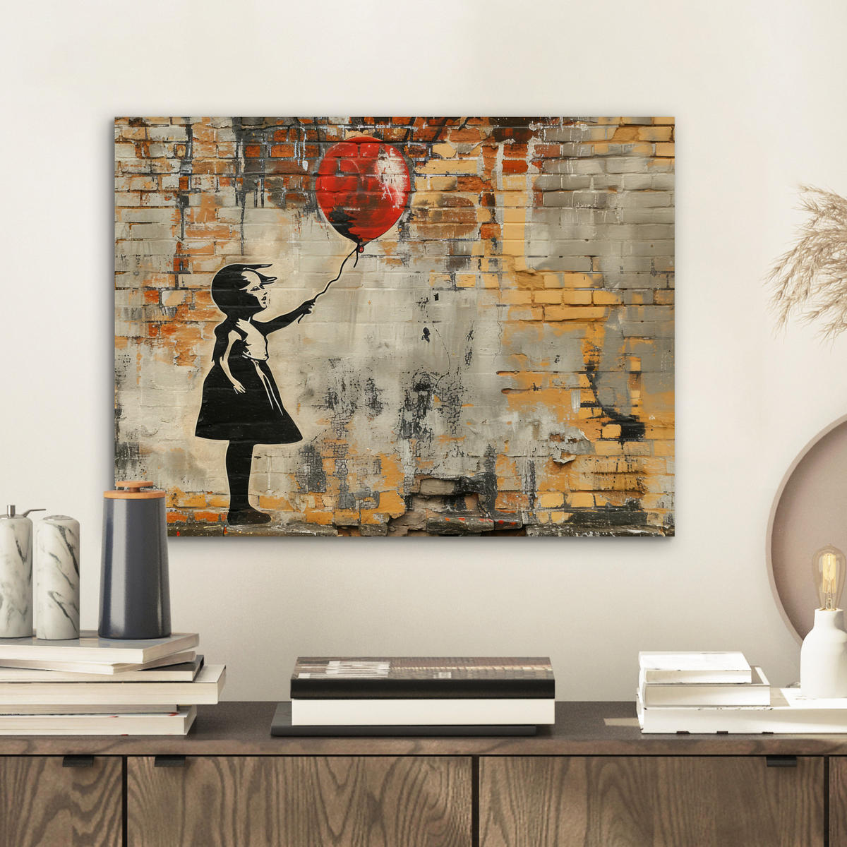 KOVOVÝ OBRAZ Graffiti - Banksy - Dievča - Street art 40x30 cm - piesková, kov (40/30cm) - MuchoWow