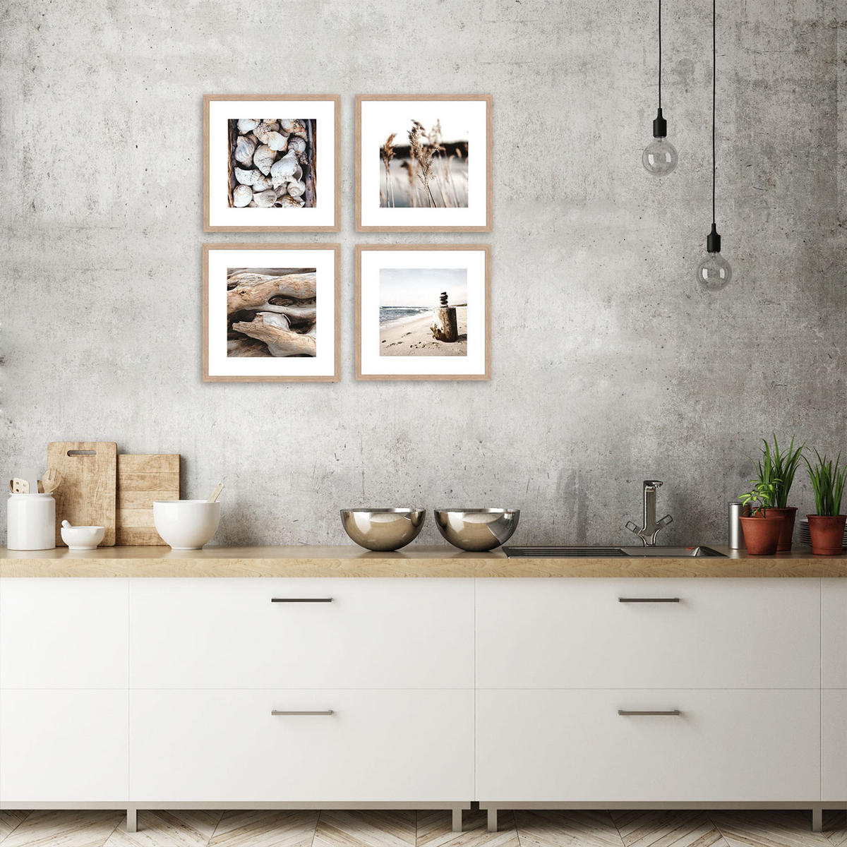 BILDER-SET mit Rahmen 4 x 30x30 cm Strand Meer beige natur - Beige, Holz (30/30cm) - artissimo