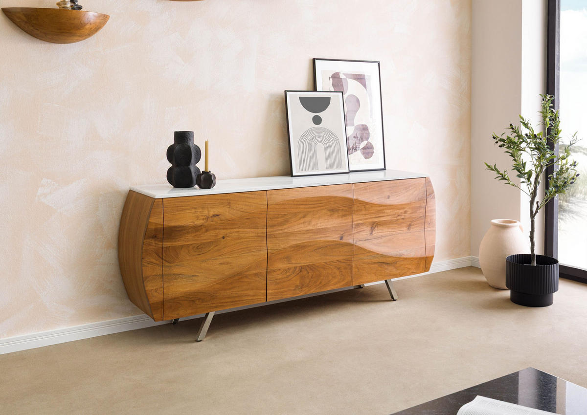 SIDEBOARD Akazie 184x40x75 natur lackiert / Marmor weiß MONTREAL #128 - Braun, Holz (184/75/40cm) - Massivmoebel24